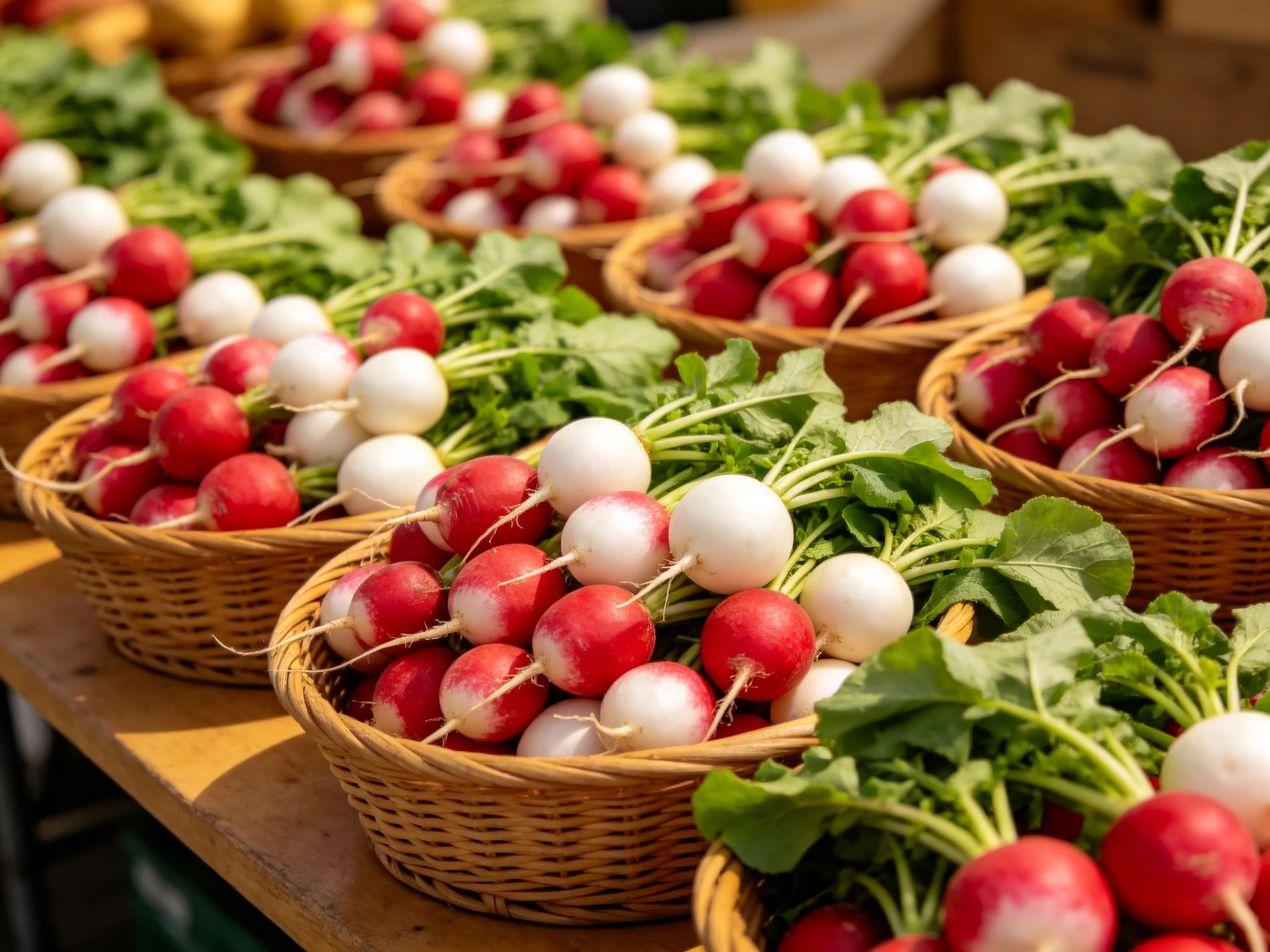 Multiple wicker baskets hold vibrant red and white radishes with green foliage.