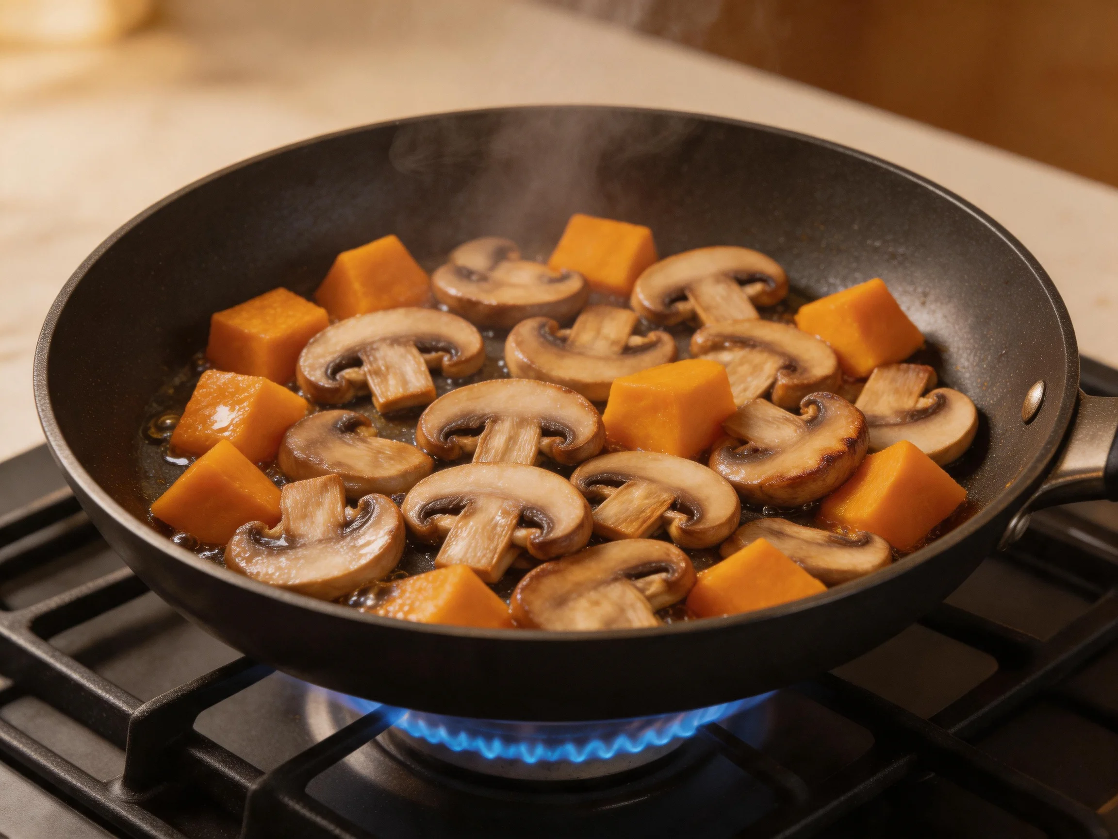 Mushrooms and orange sweet potato cubes sizzling in a black skillet over a gas stove