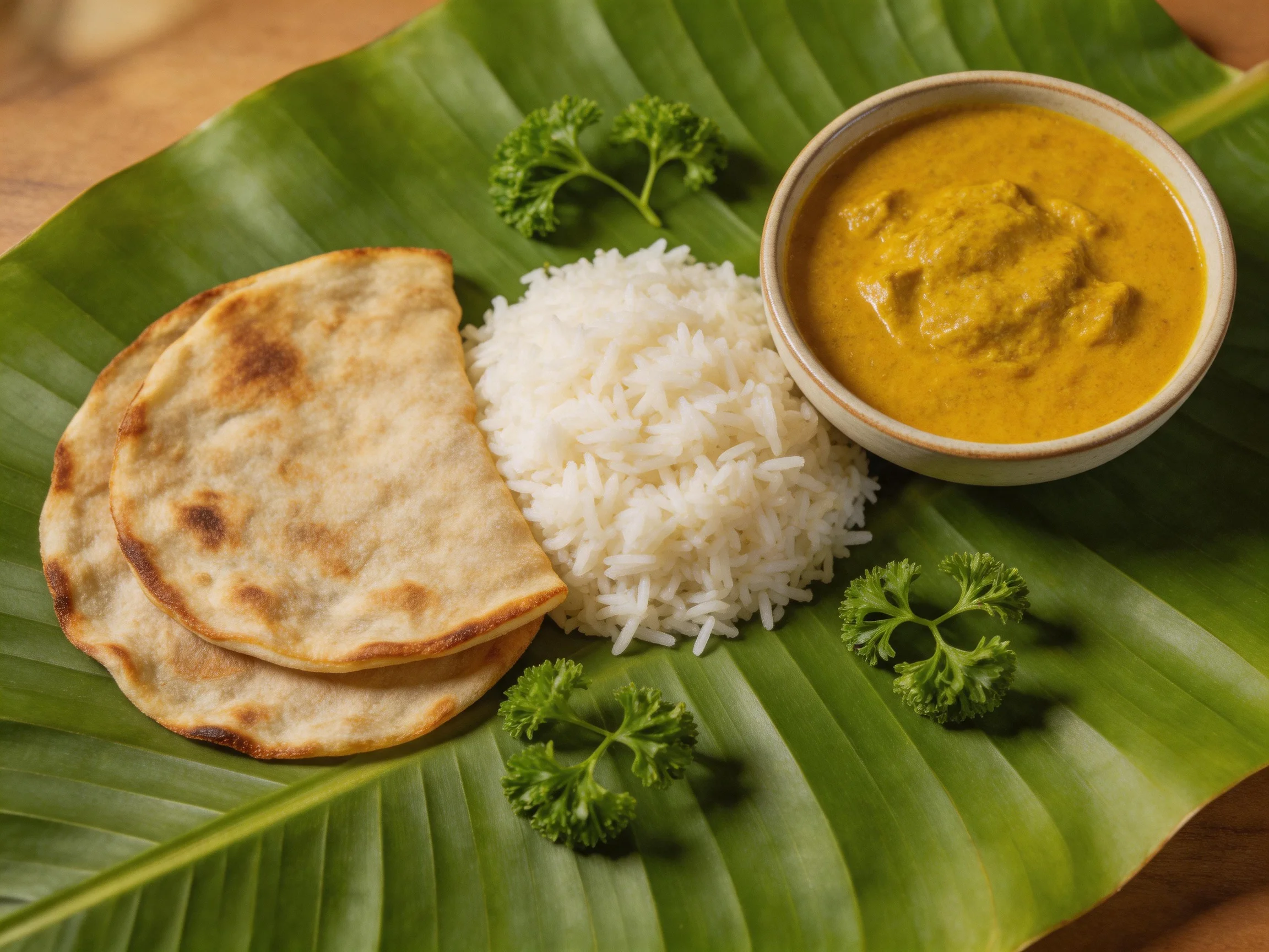 Naan, white rice, and yellow curry served on a large green banana leaf