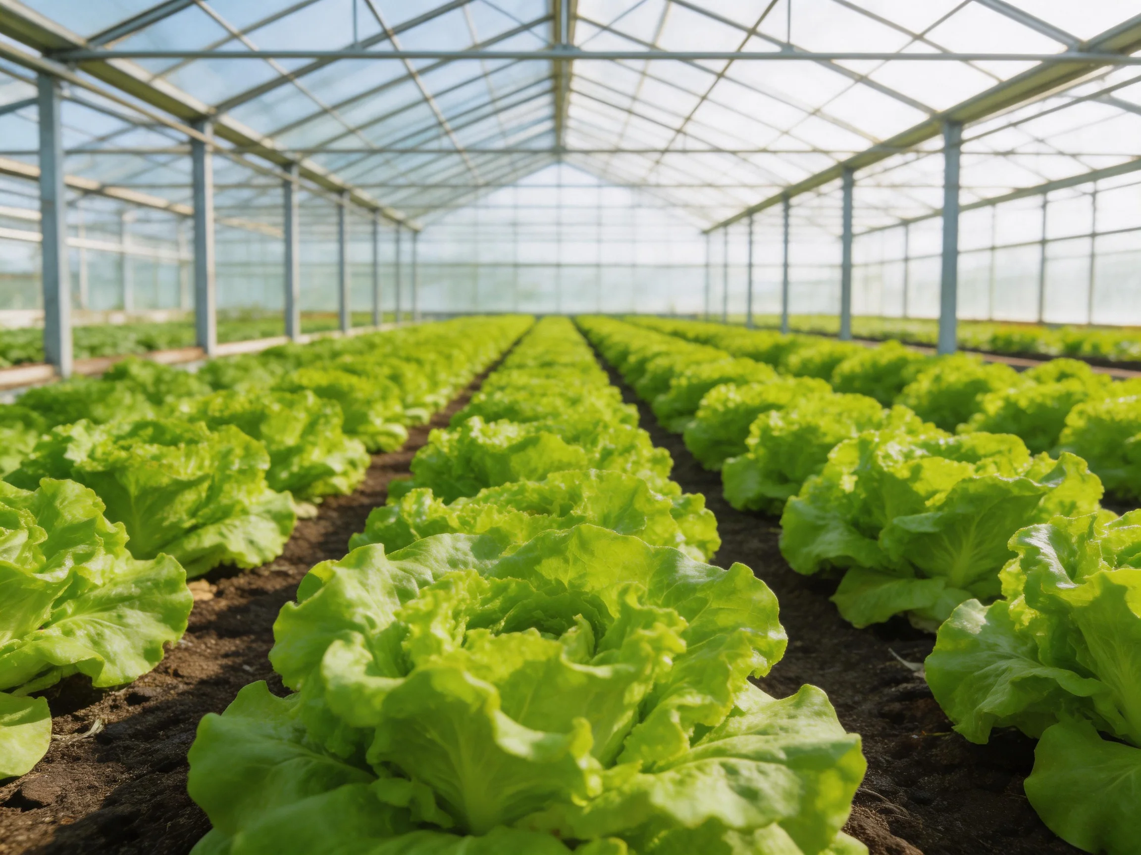Neat rows of fresh green lettuce in a large greenhouse structure