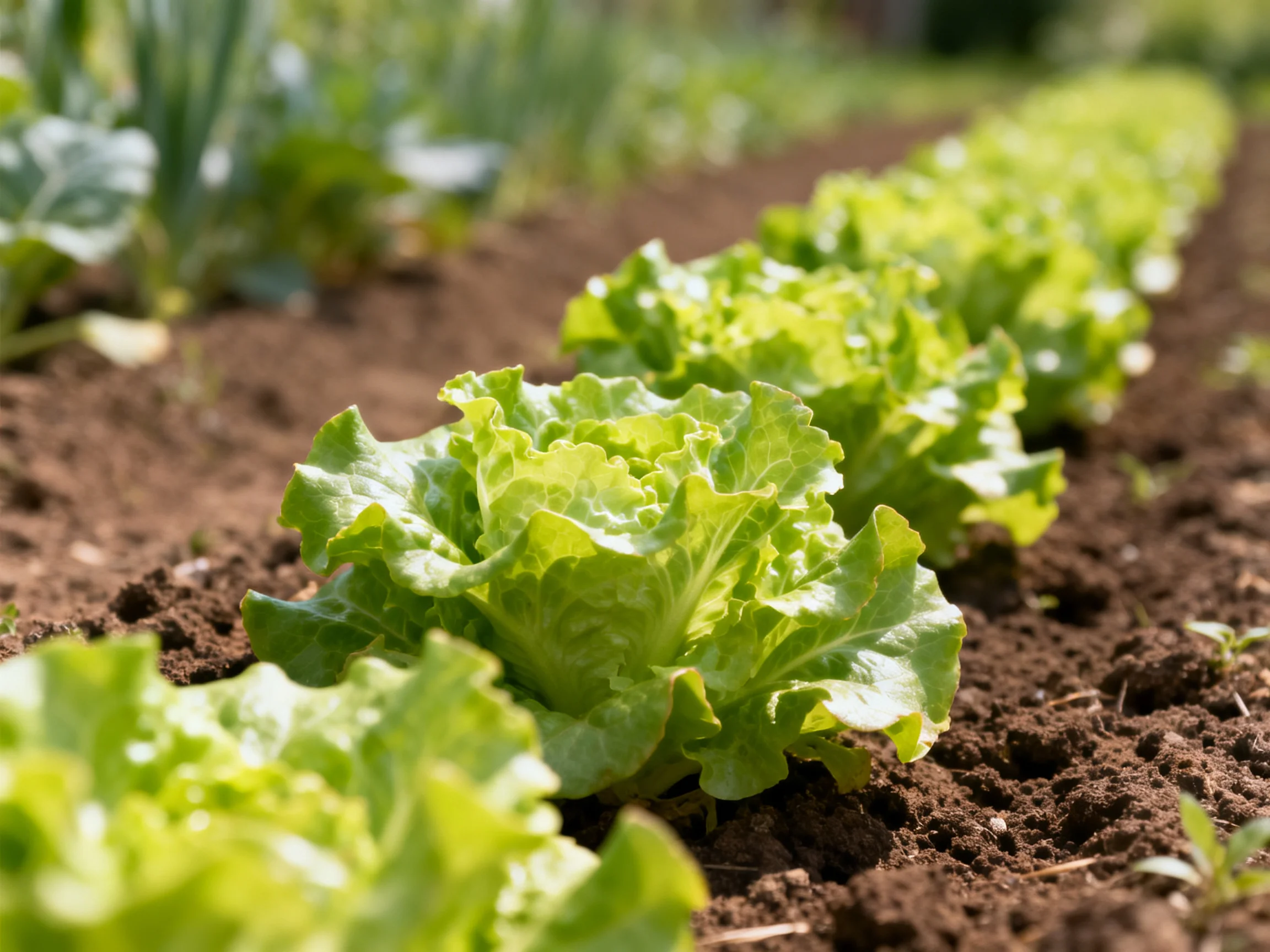 Neat rows of fresh green lettuce in a sunlit garden bed