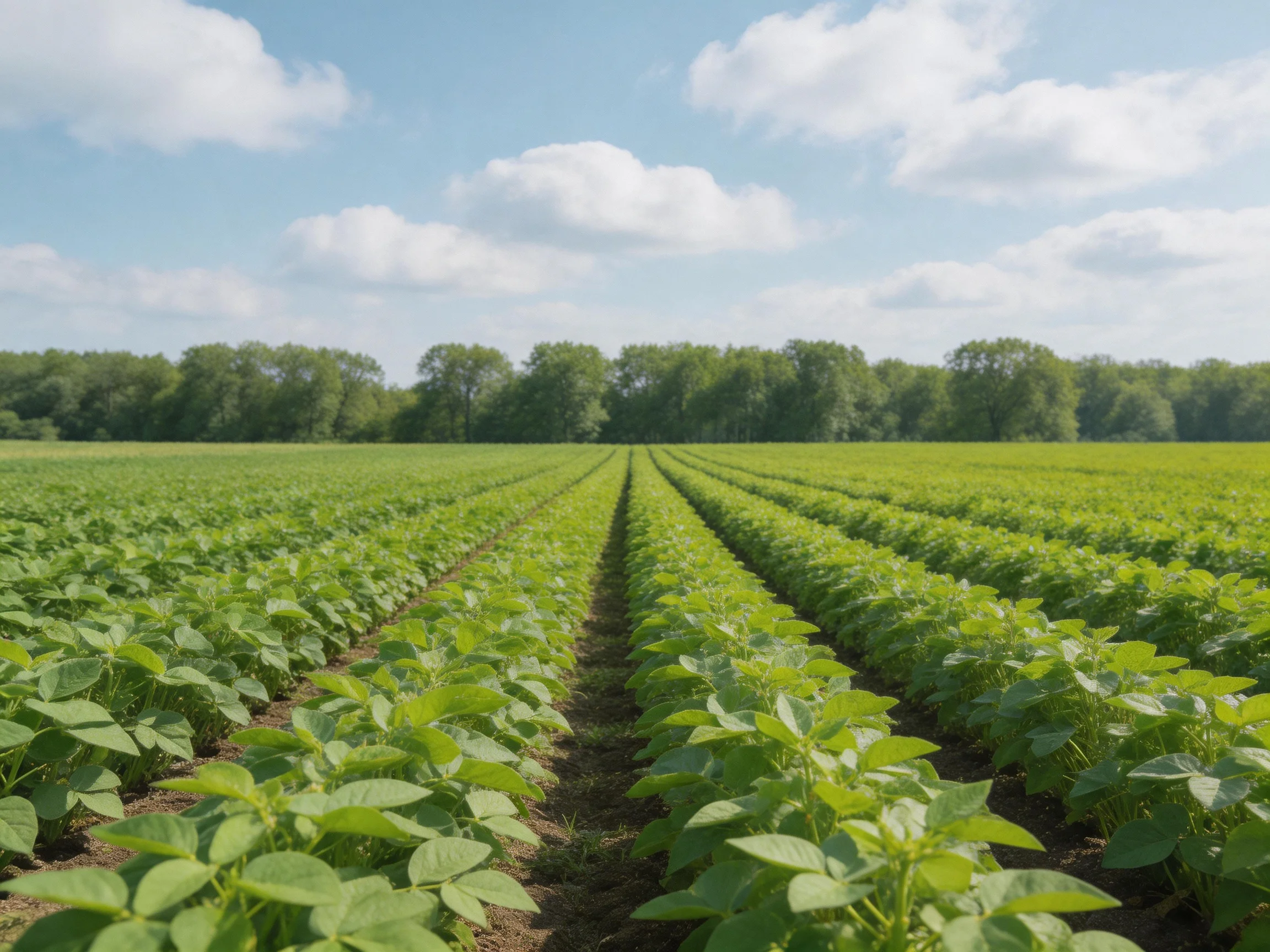 Neat rows of lush green crops span a wide farm field toward a tree-lined horizon under a partly cloud