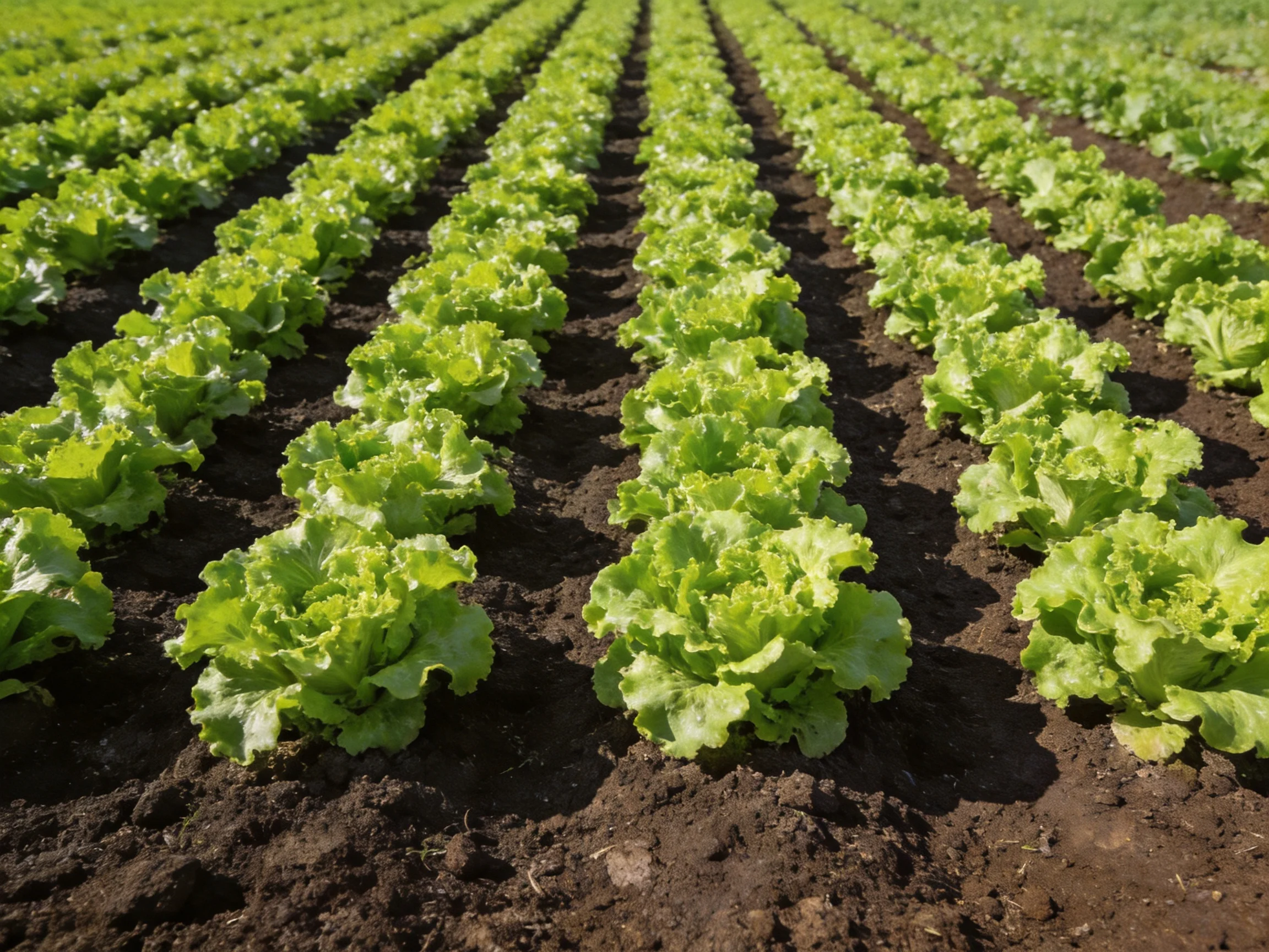 Neat rows of vibrant green lettuce in organized farm plots