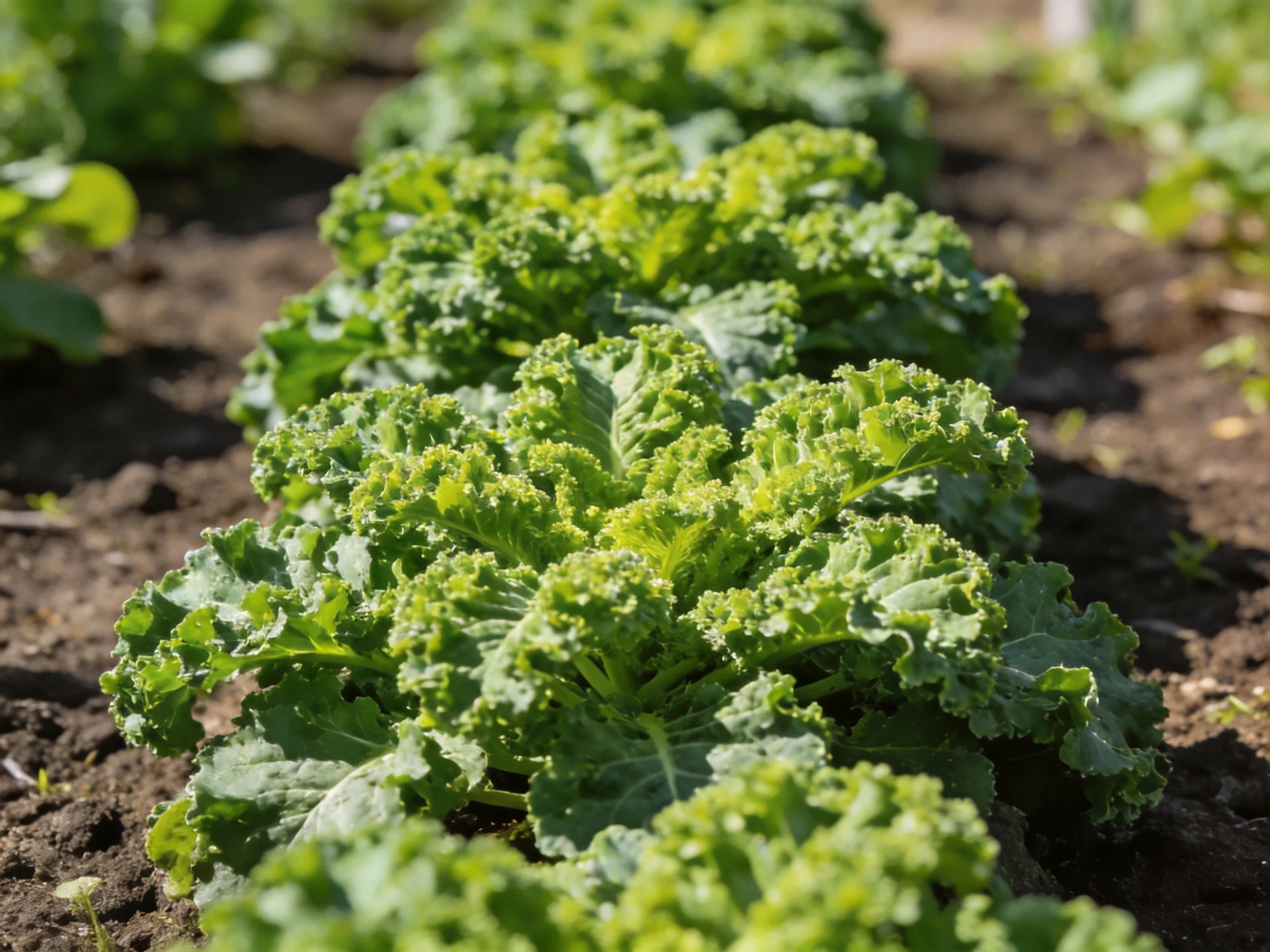Neatly arranged curly kale plants growing in garden rows under bright sunlight