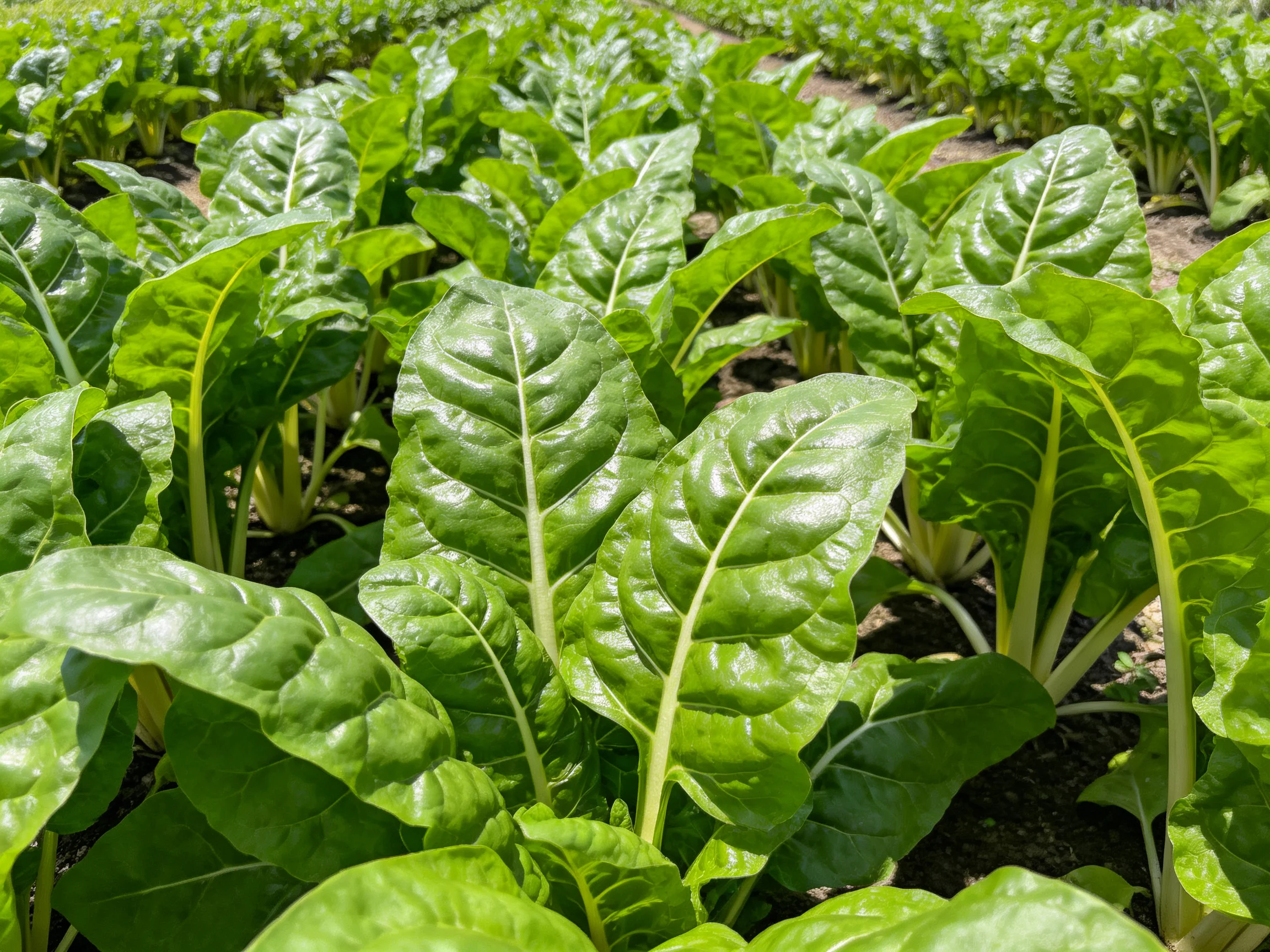Neatly arranged rows of large, glossy green leafy vegetables fill a farm