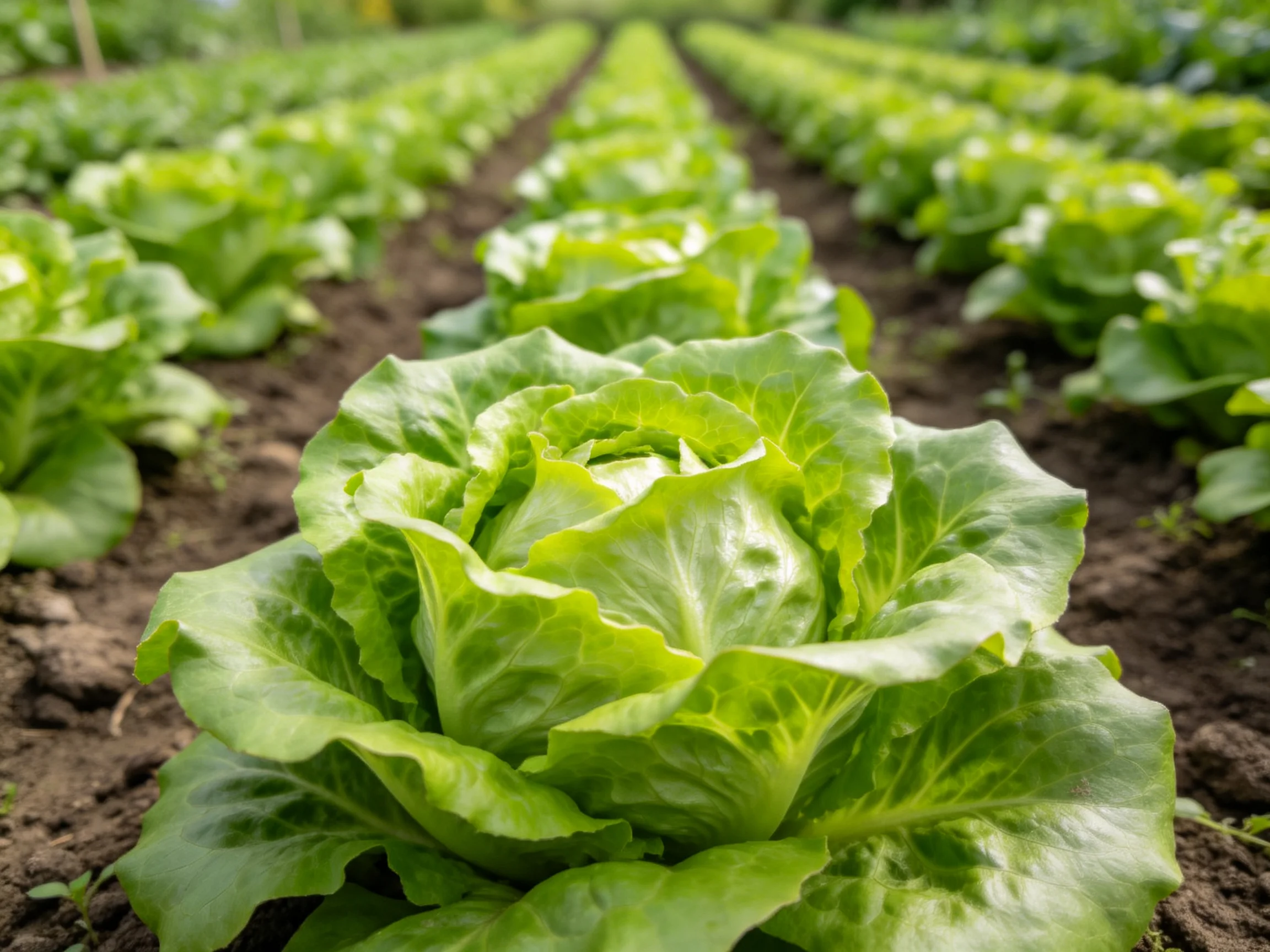 Neatly arranged rows of vibrant green lettuce in a farm field