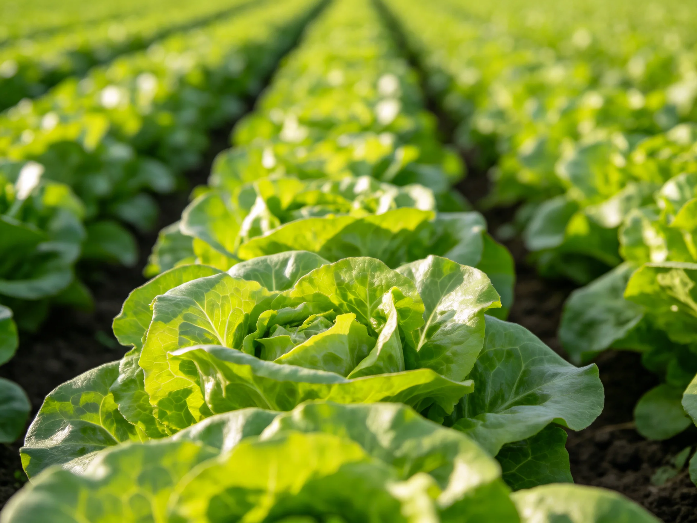 Neatly arranged rows of vibrant green lettuce in an agricultural field