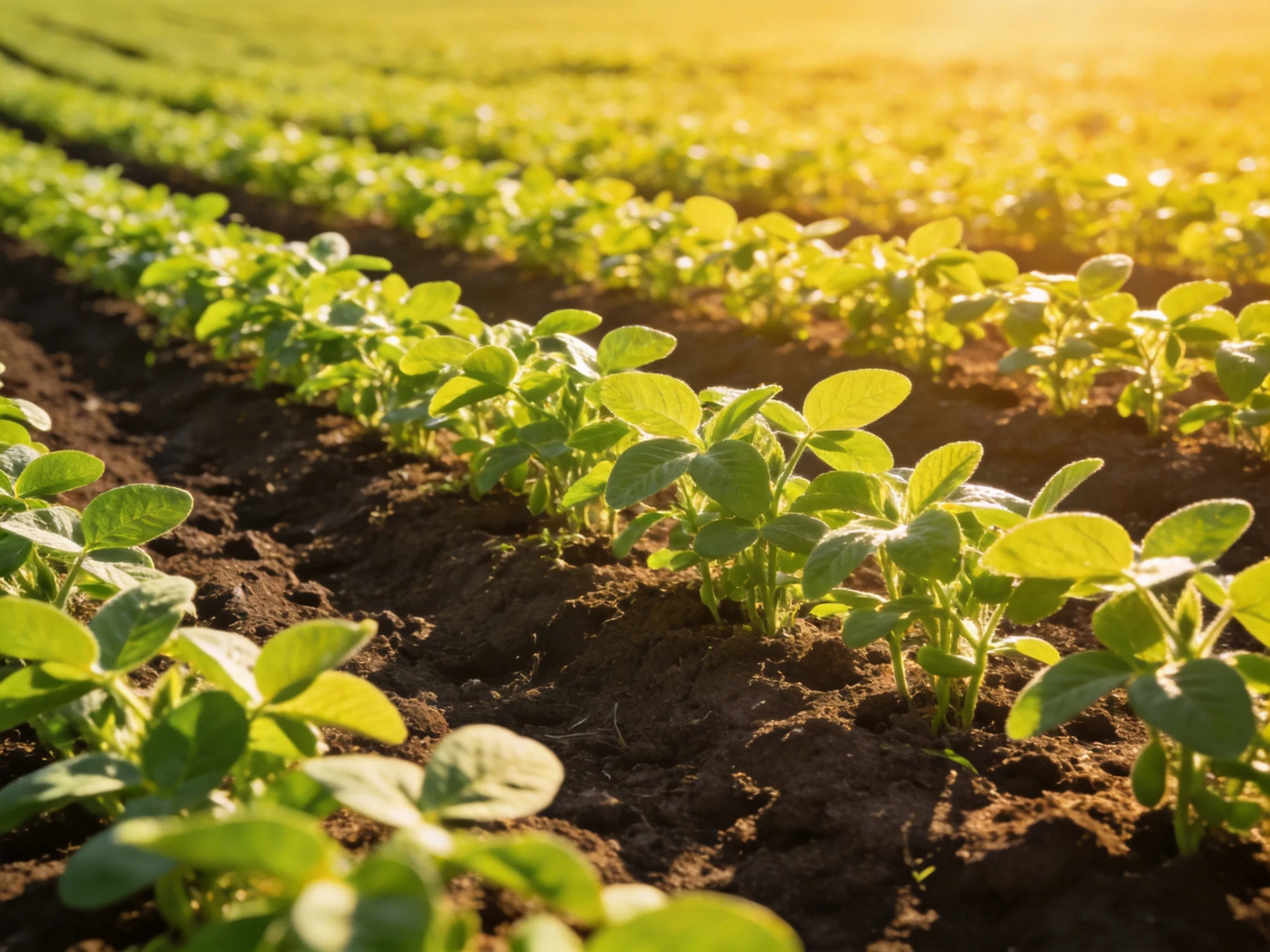 Neatly arranged rows of young green plants in dark soil under golden sunlight