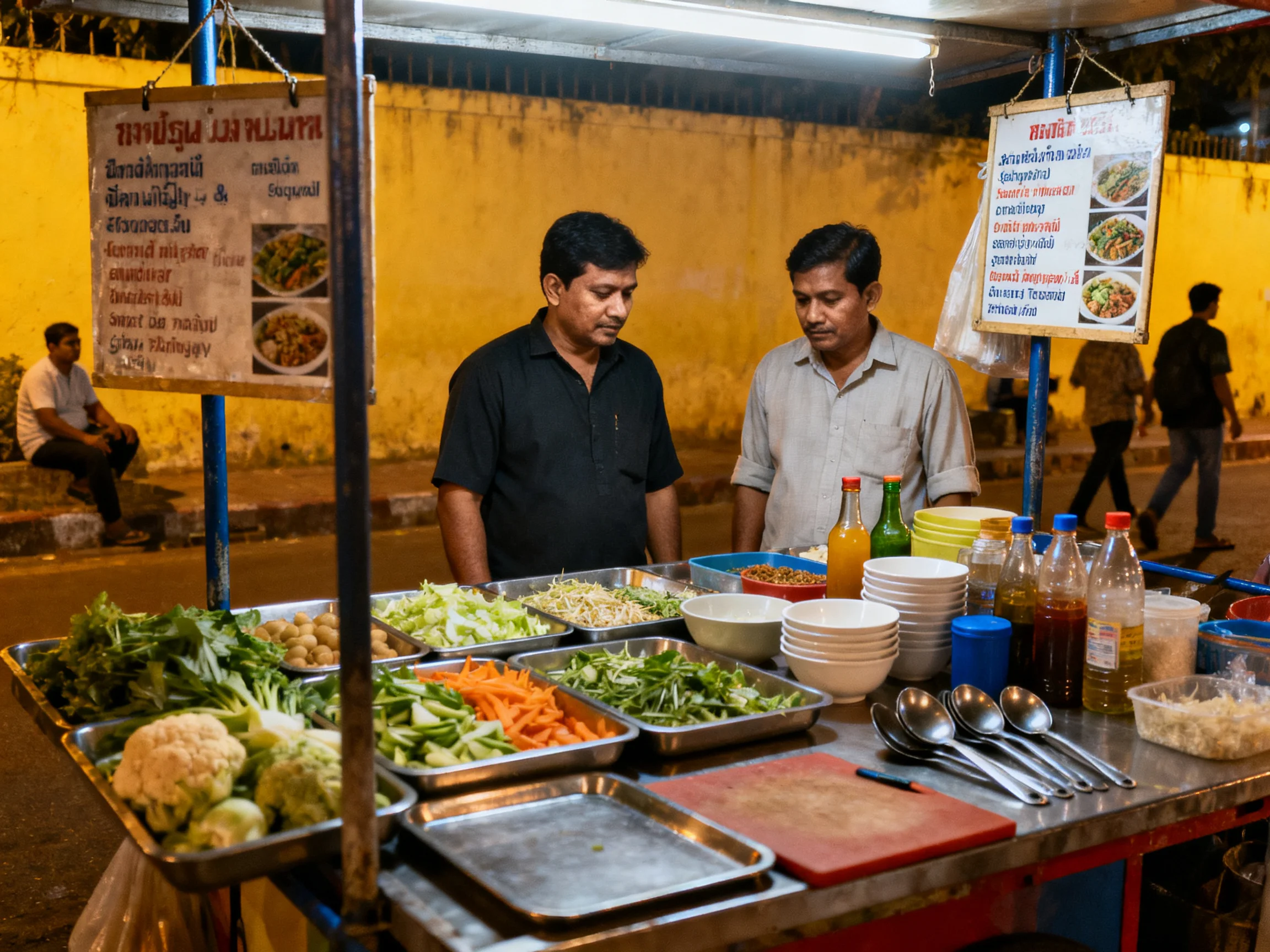 Nighttime Street Food Cart with Fresh Vegetable Display
