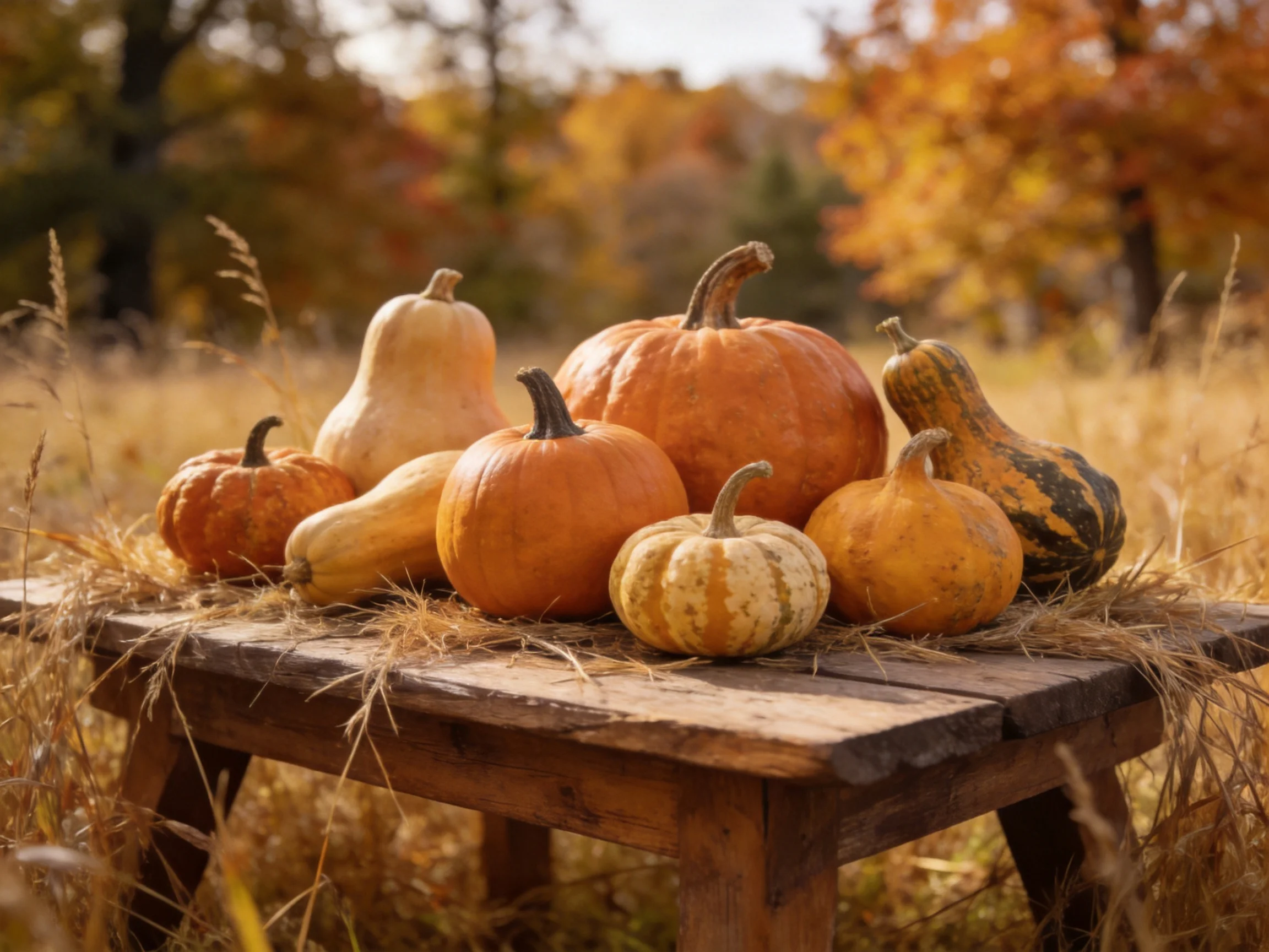 Nine assorted squashes and pumpkins arranged on a rustic wooden table amid golden fields
