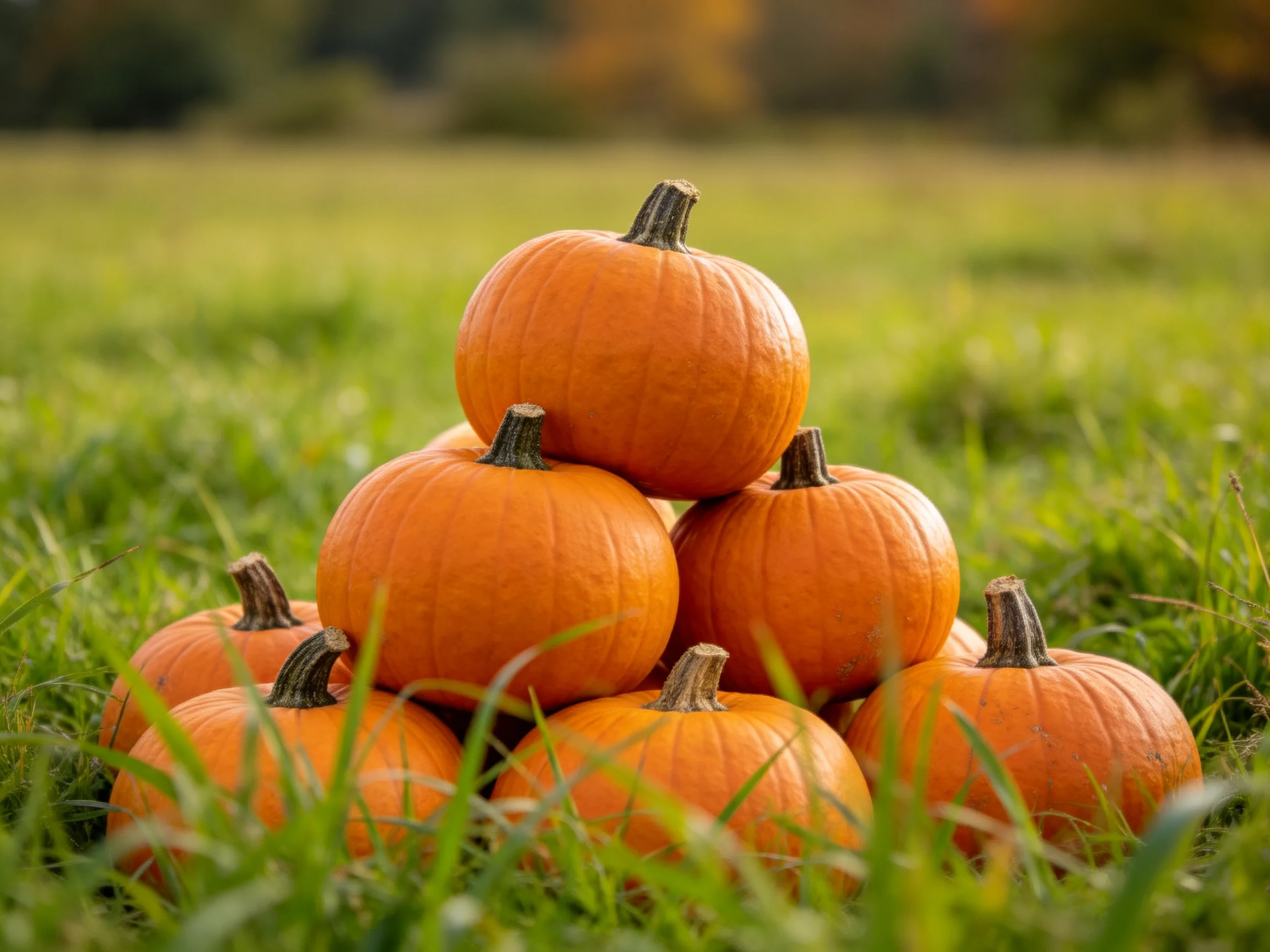 Nine bright orange pumpkins arranged in a pyramid on lush green grass