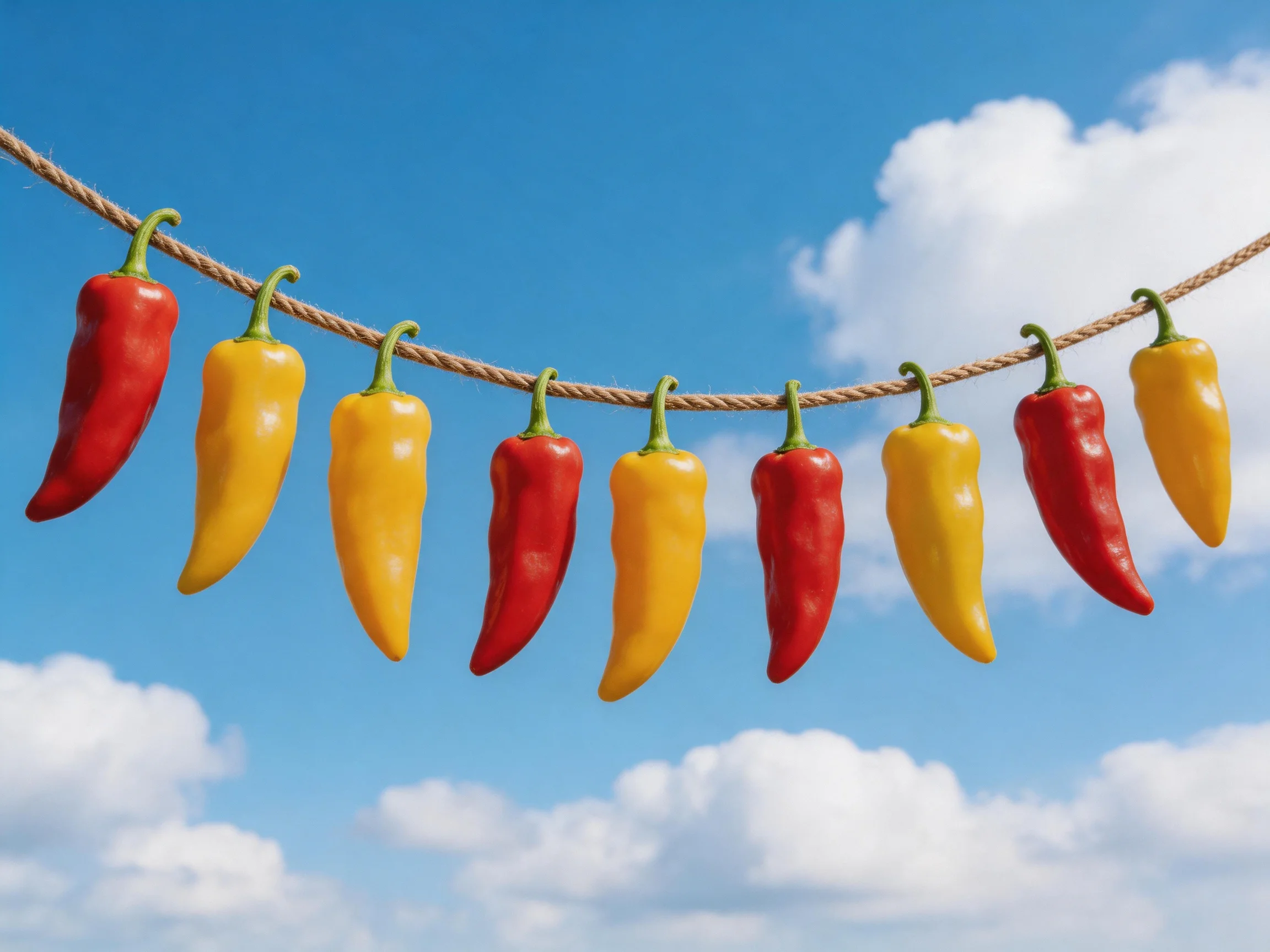 Nine colorful chili peppers hang from a rope under a bright sky