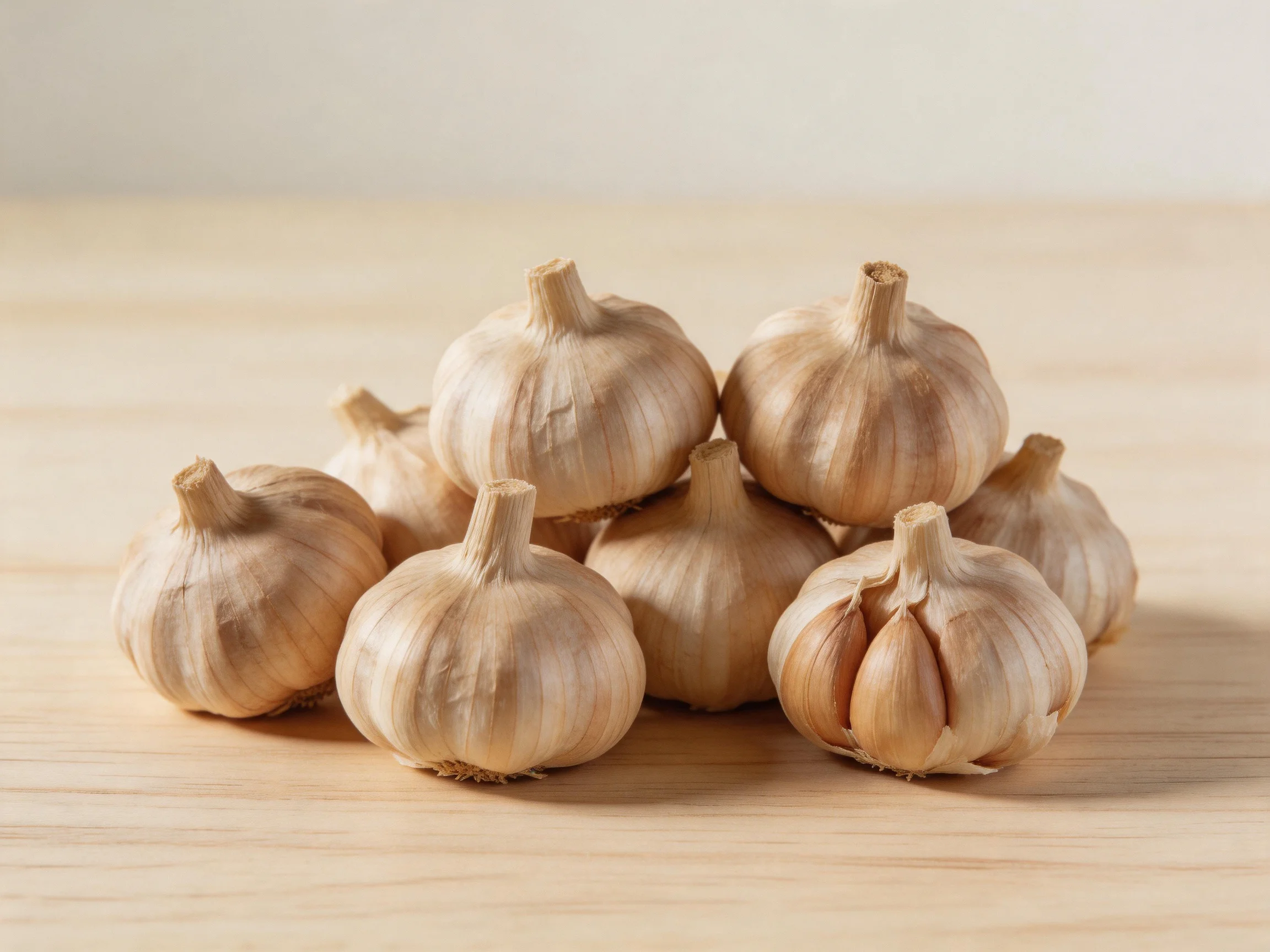 Nine garlic bulbs with beige papery skins on a light wooden surface