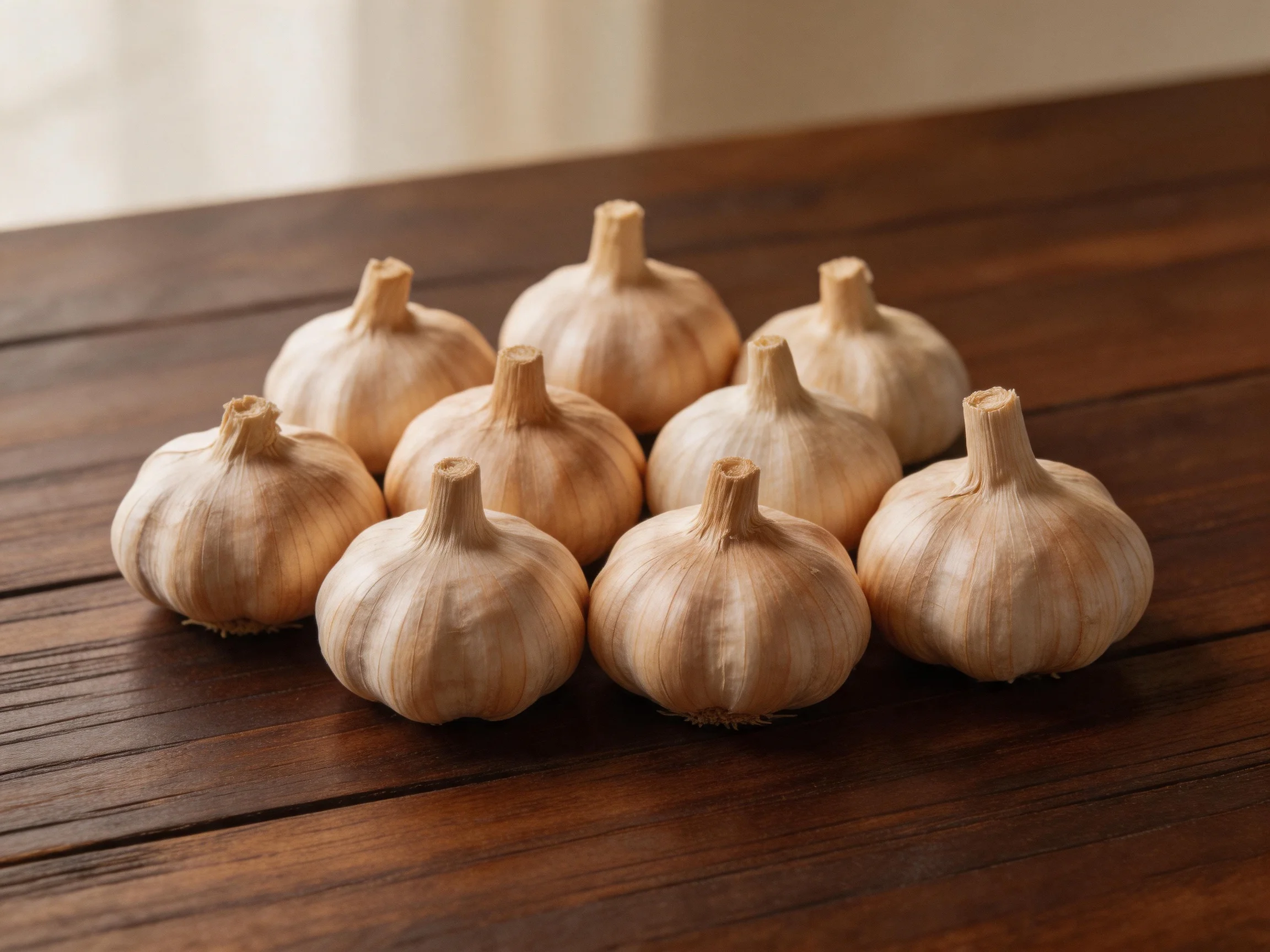 Nine garlic bulbs with light brown skins on a dark wooden table