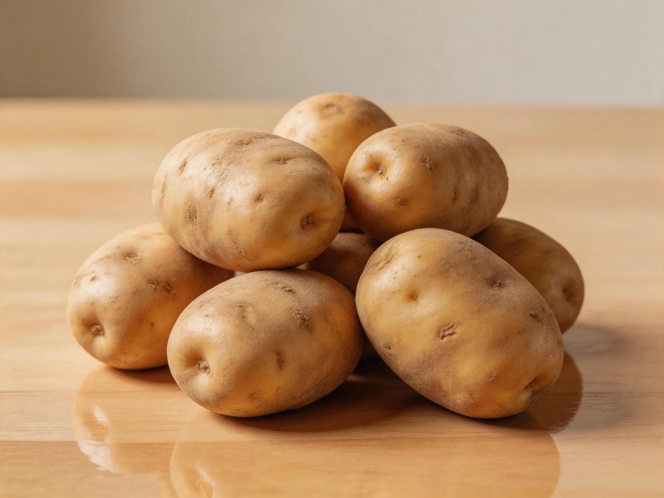 Nine light-brown potatoes piled on a wooden table