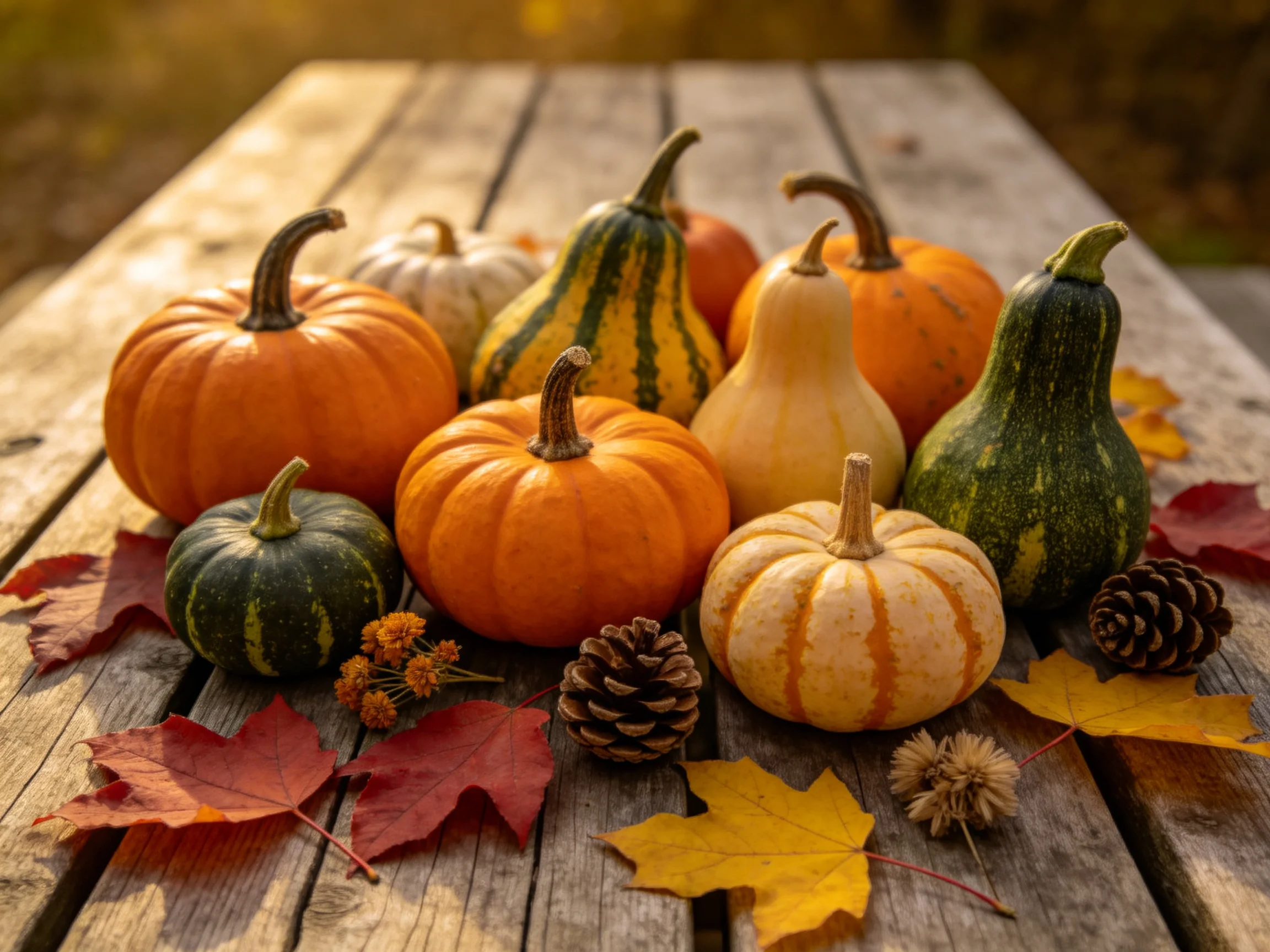 Nine-plus colorful gourds and pumpkins arranged on rustic wooden table with autumn decor