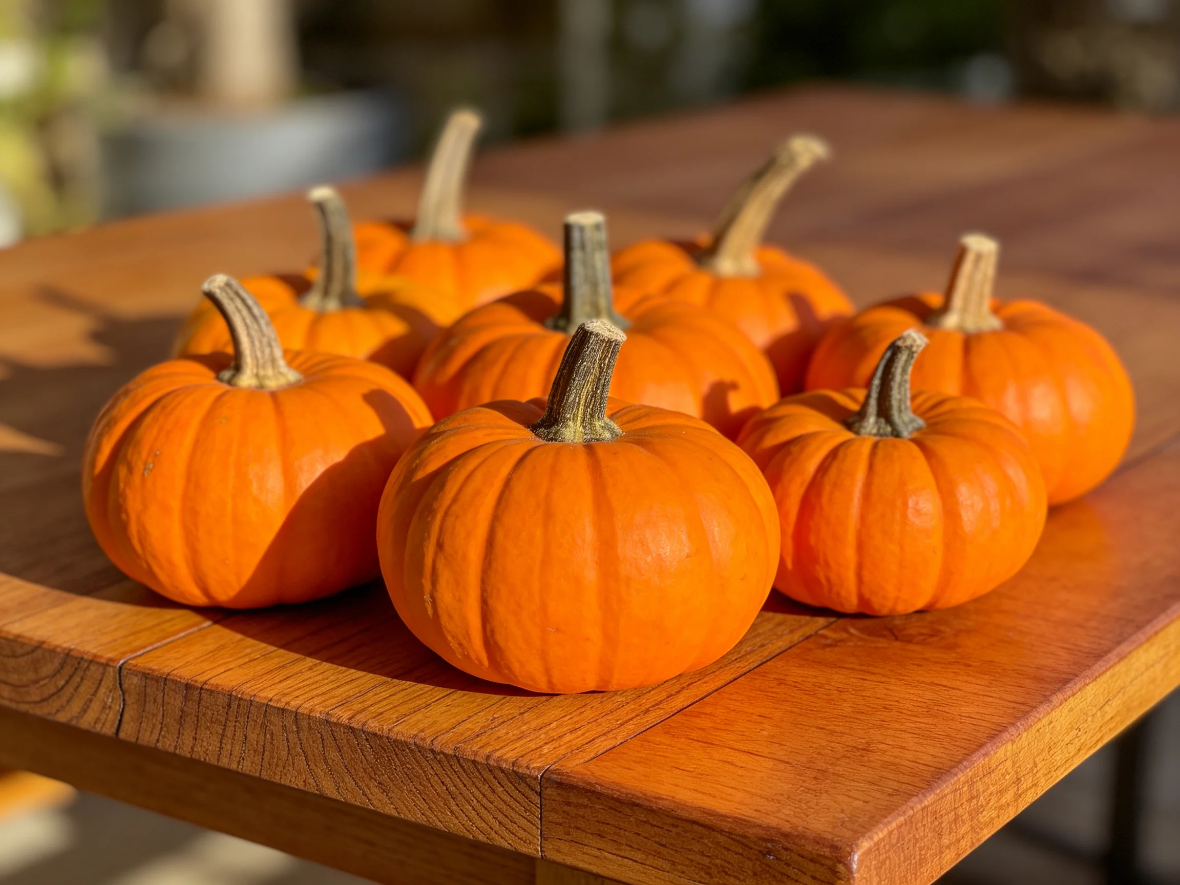 Nine small orange pumpkins arranged on a wooden table