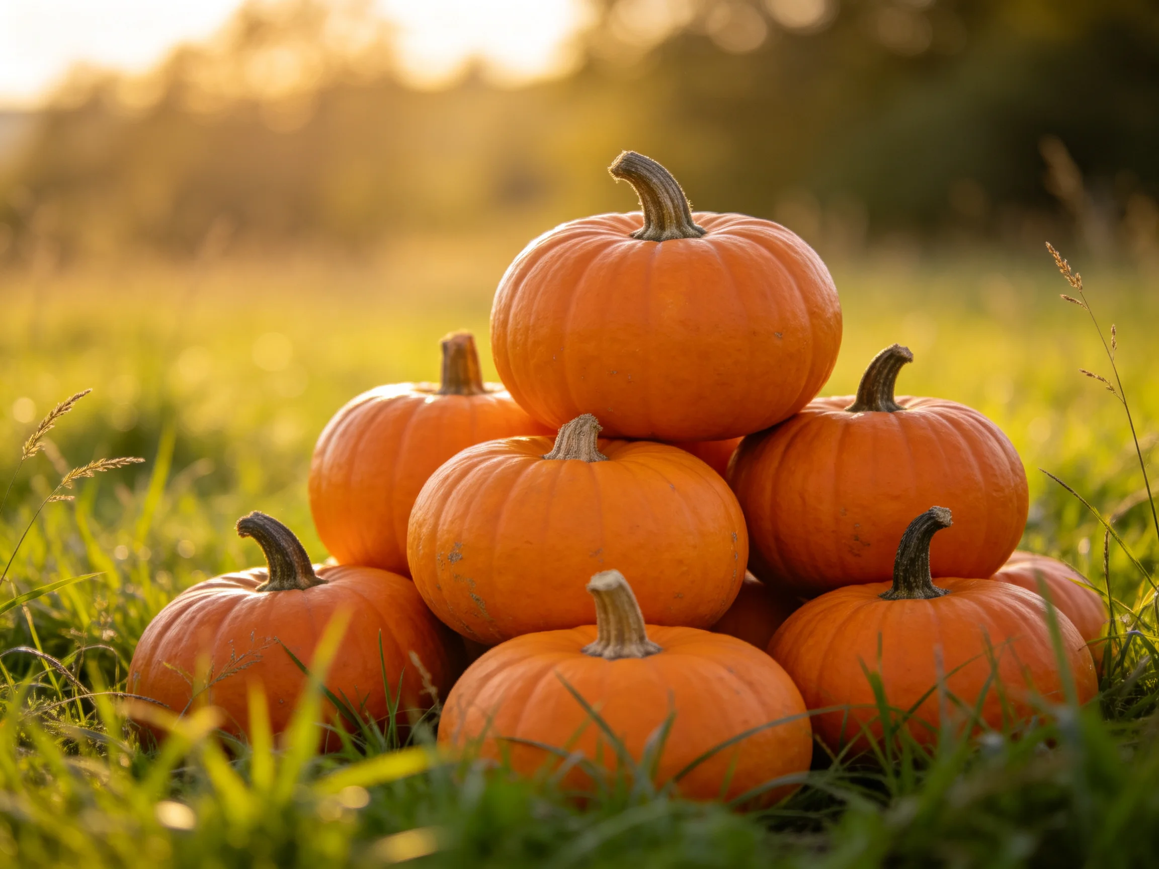 Nine small orange pumpkins stacked in a pyramid formation on grass