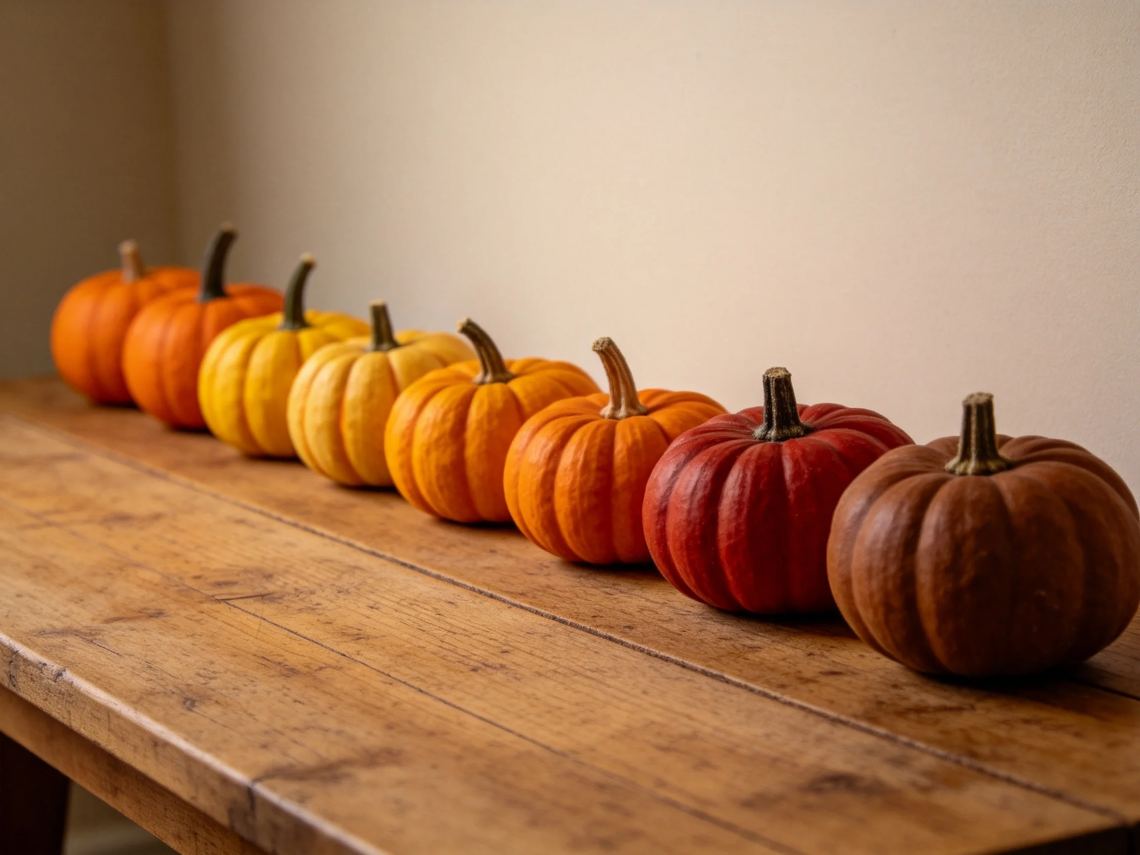 Nine small pumpkins display color gradient on rustic wooden table