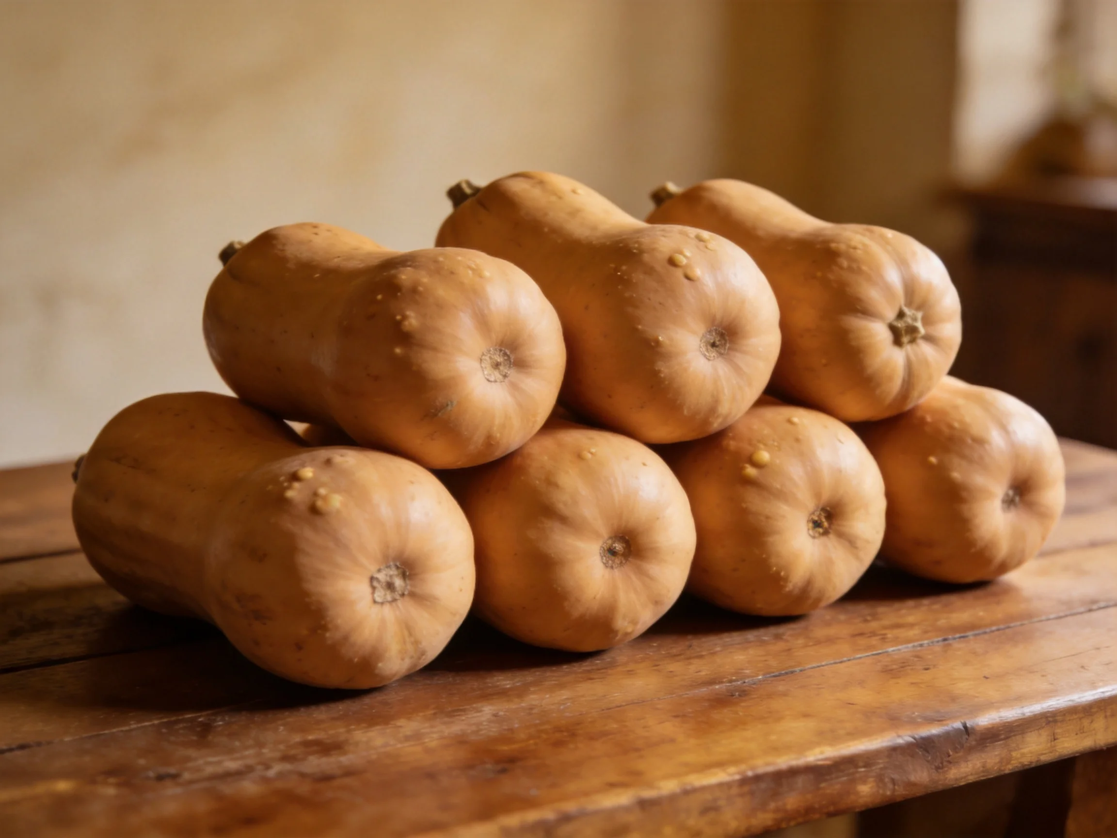 Nine tan butternut squashes arranged on a rustic wooden table