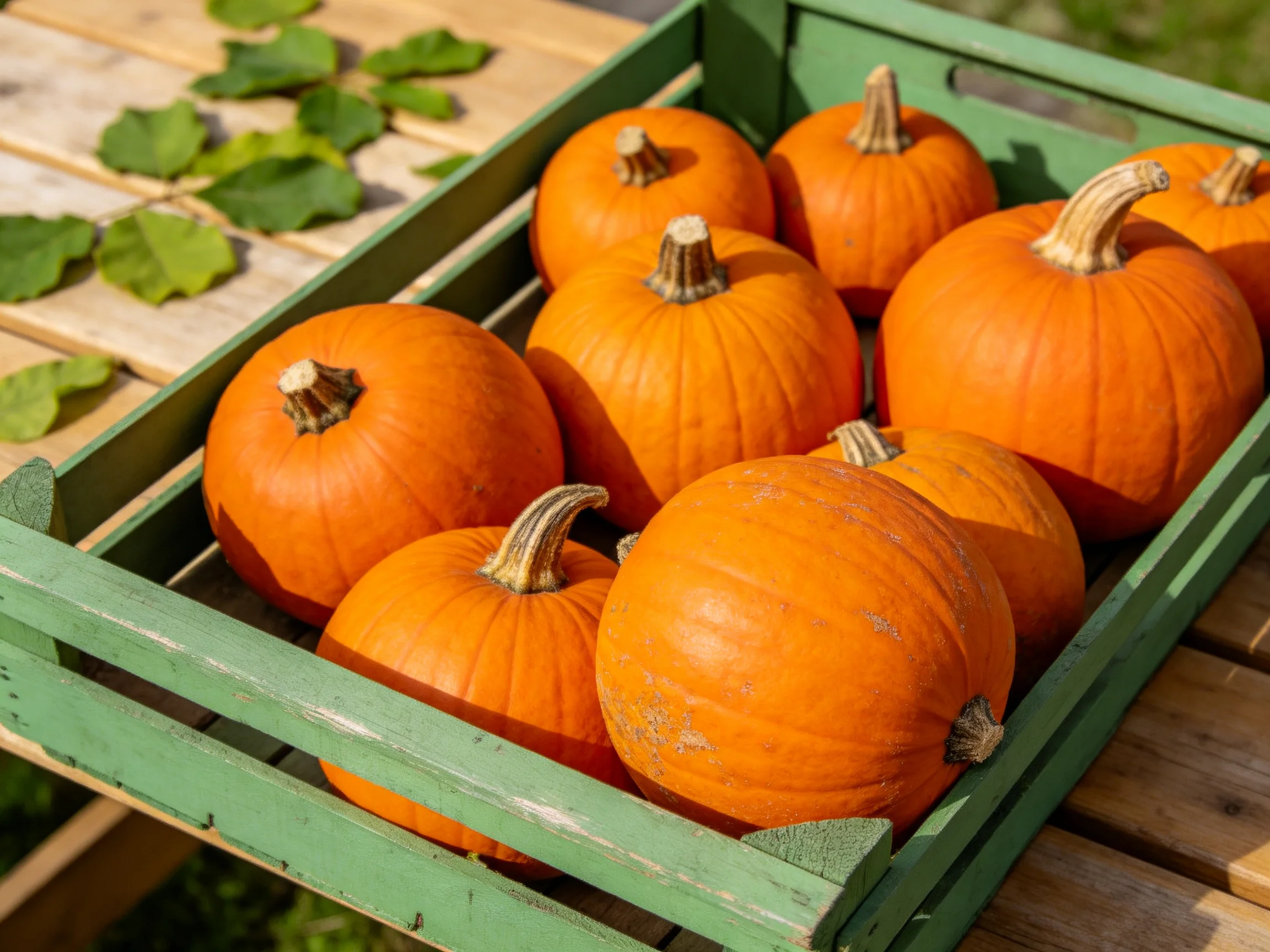 Nine vibrant orange pumpkins arranged in a weathered green wooden crate