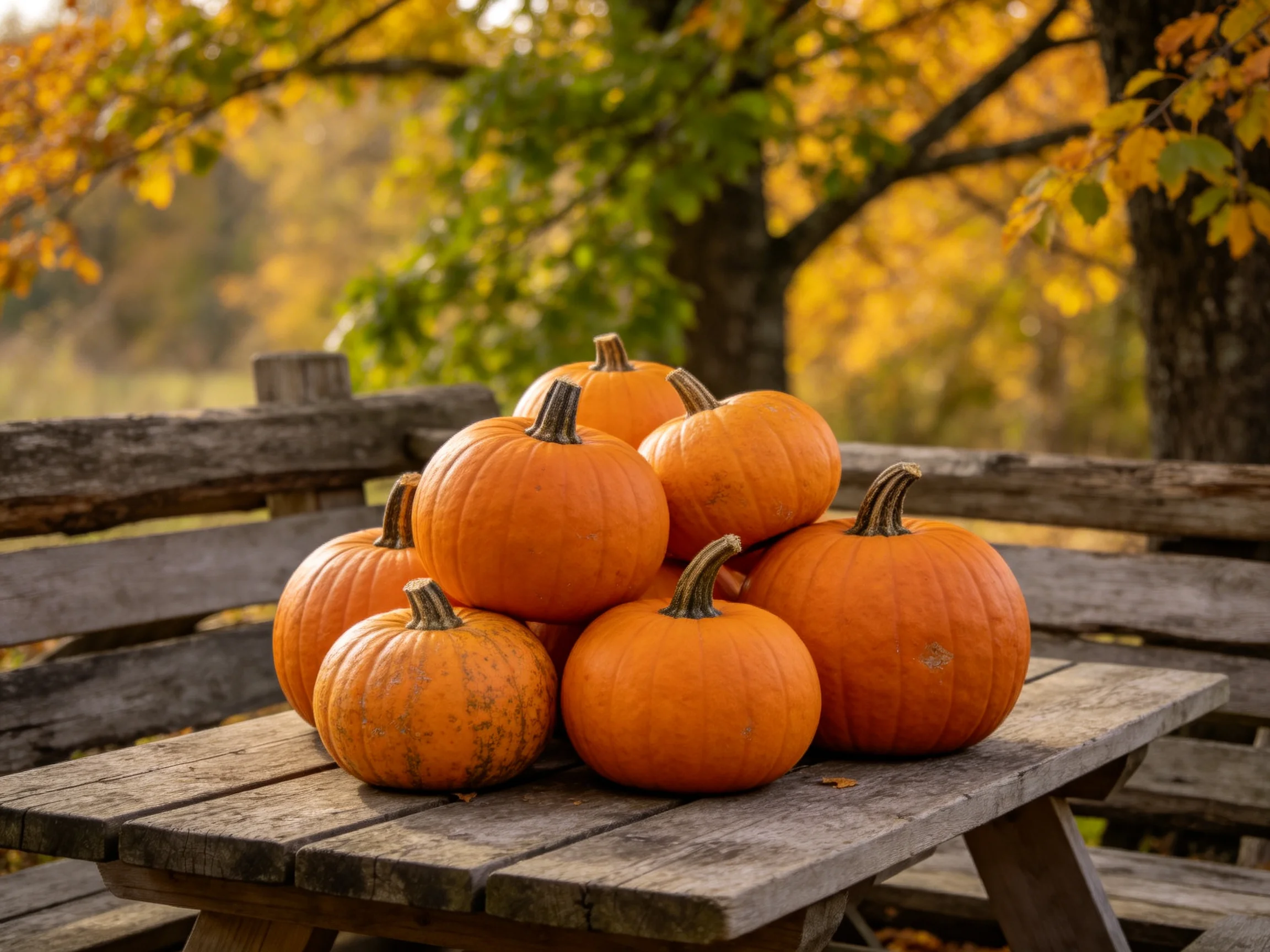 Nine vibrant orange pumpkins arranged on weathered wooden picnic table amid autumnal trees