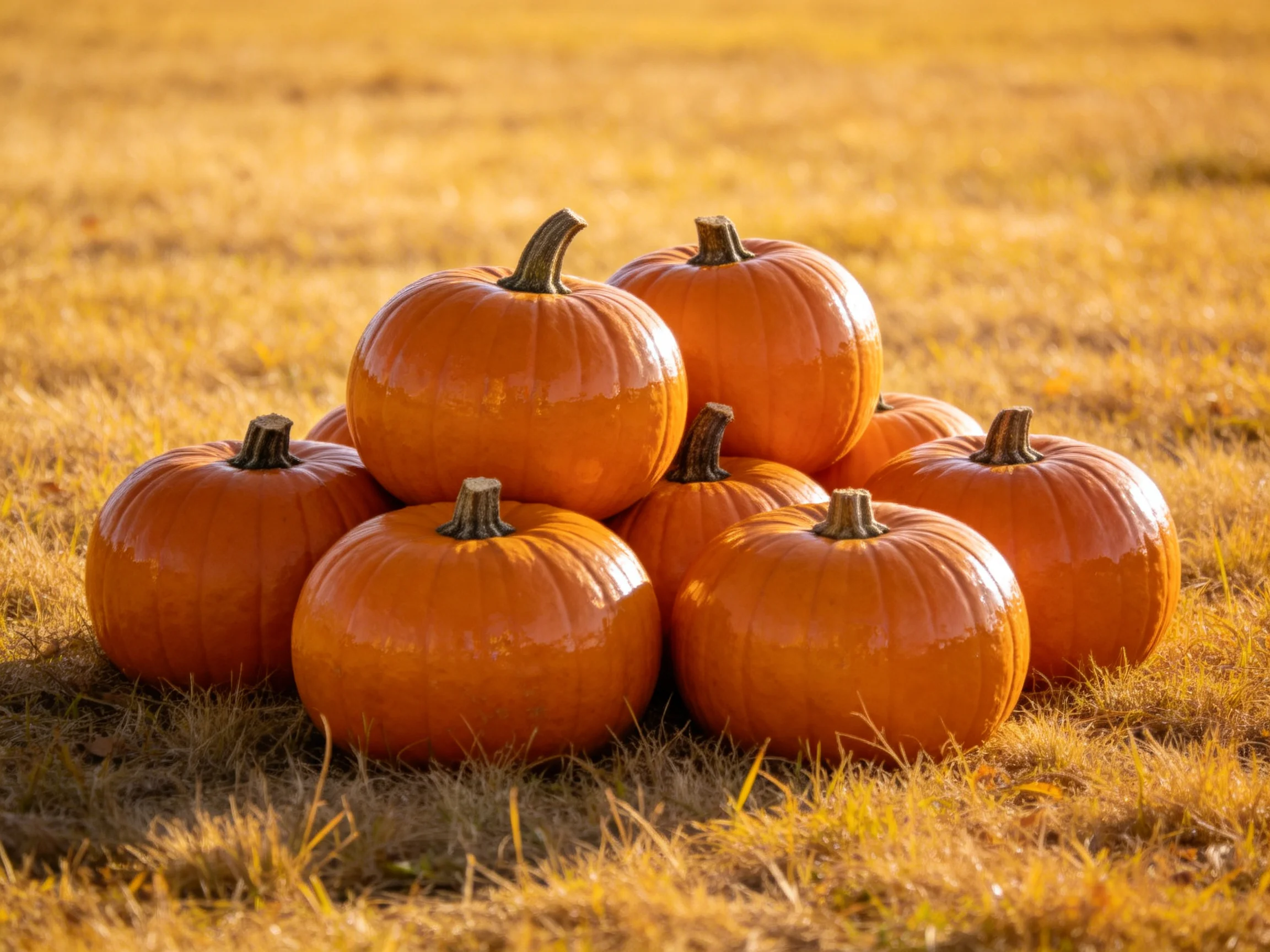Nine vibrant orange pumpkins stacked in a pyramid on golden grass