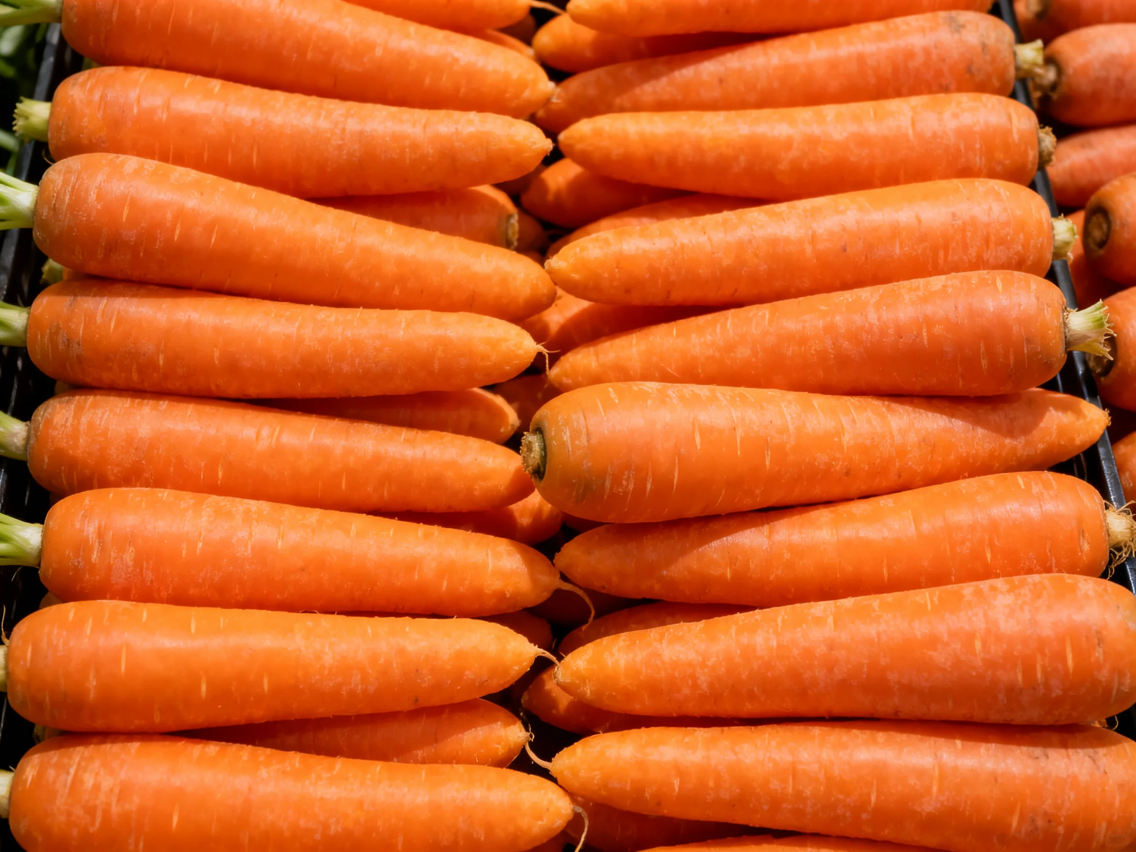 Numerous bright orange carrots stacked in organized rows