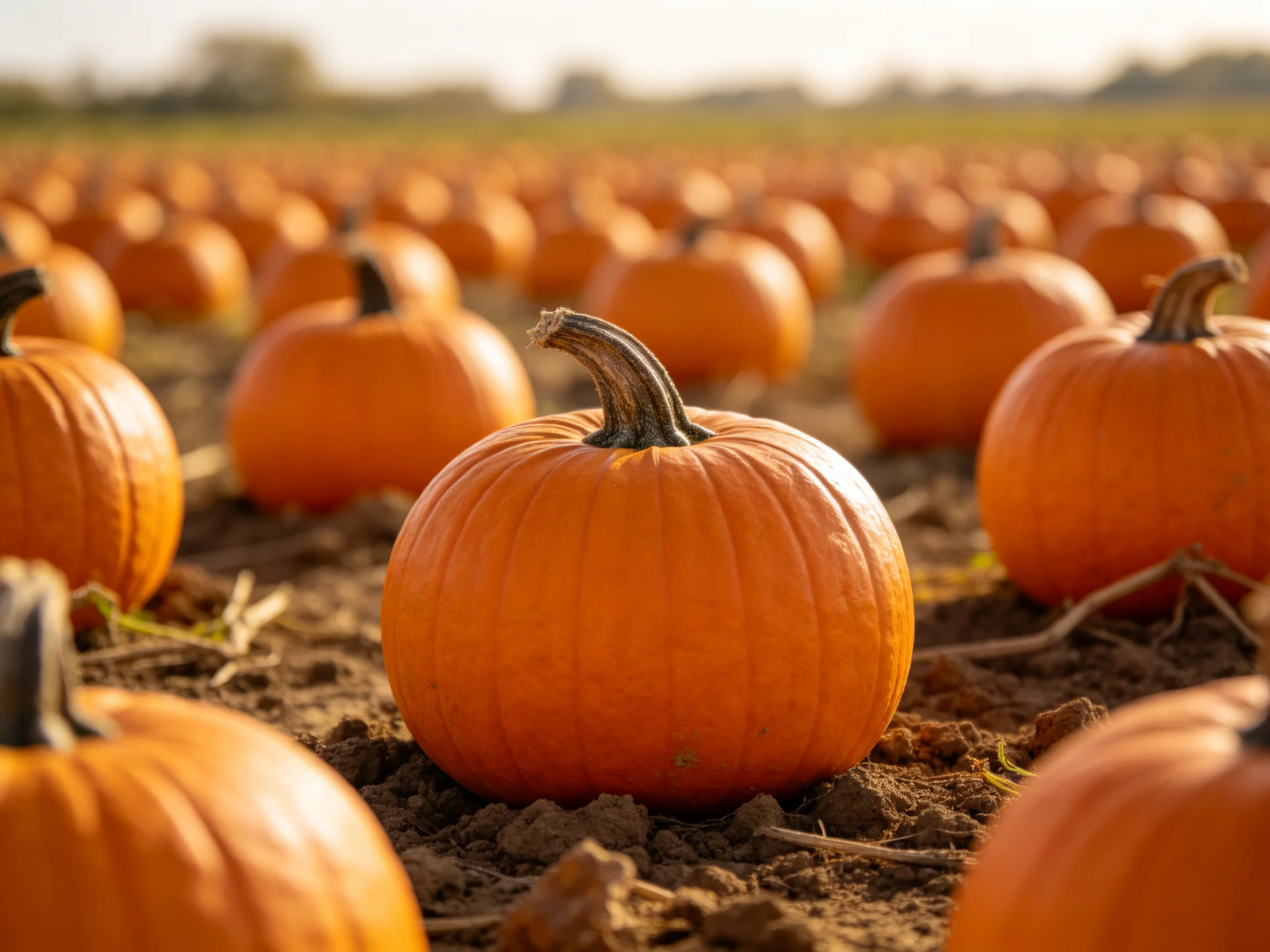 Numerous bright orange pumpkins arranged in an organized farm field