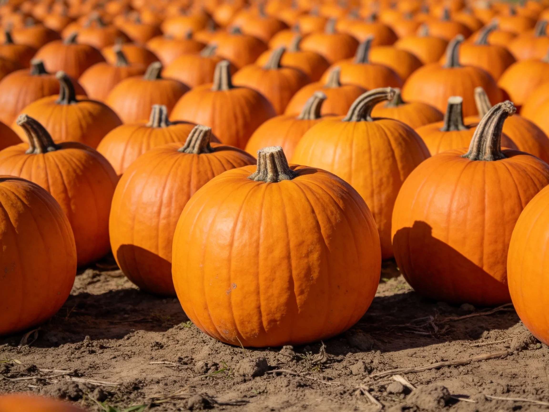 Numerous bright orange pumpkins arranged in neat rows in a sunny field
