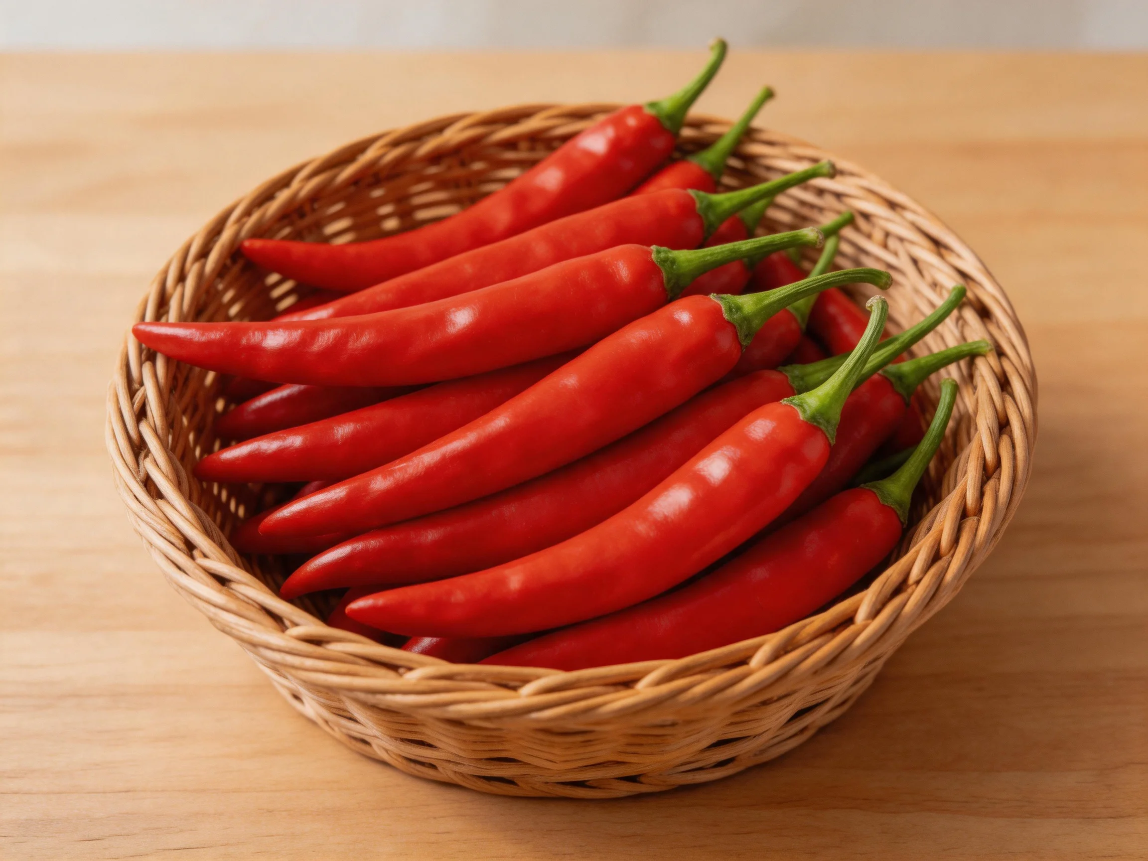 Numerous bright red chili peppers in a woven wicker basket