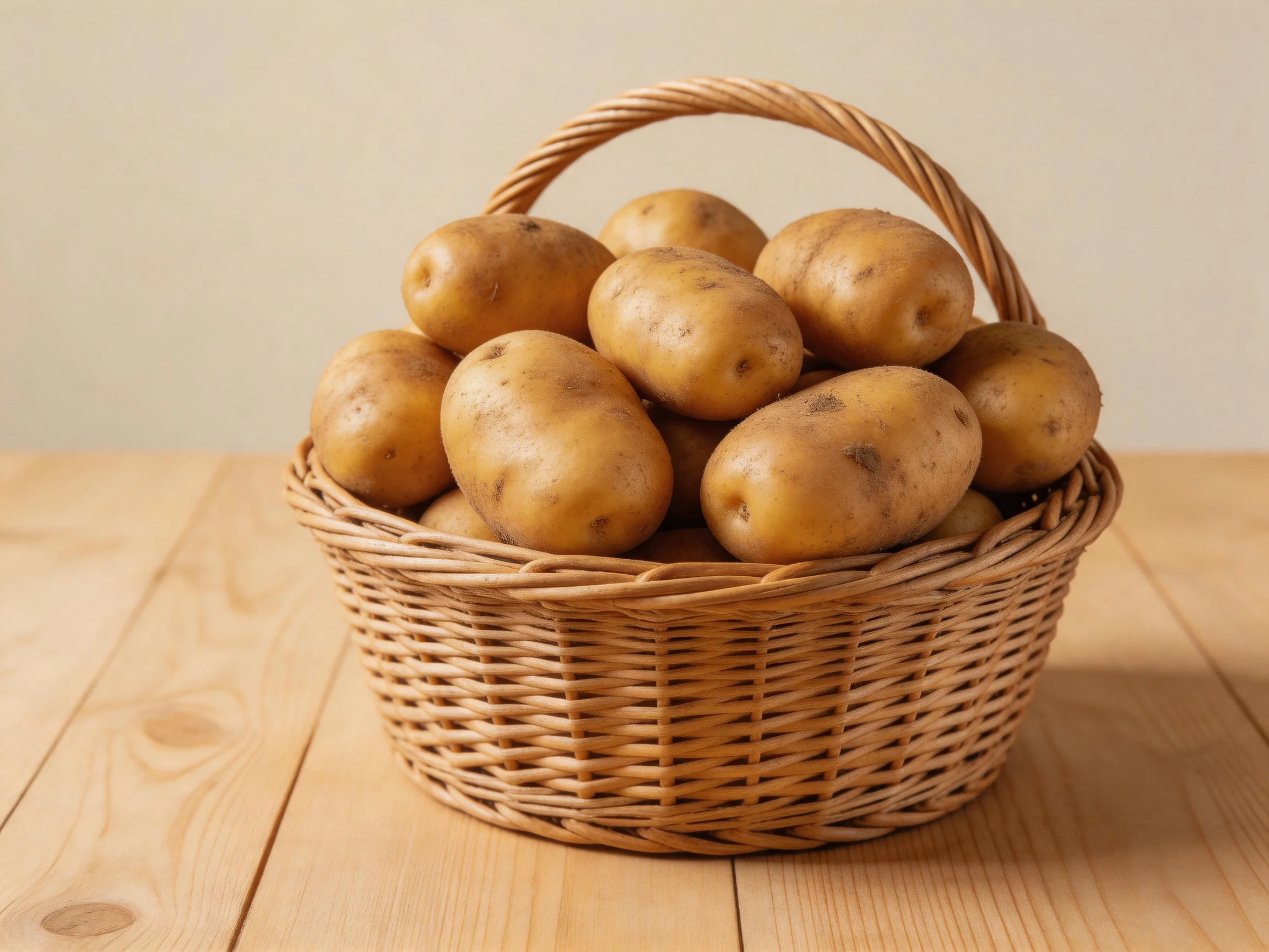 Numerous golden-brown potatoes fill a woven wicker basket on a wooden surface