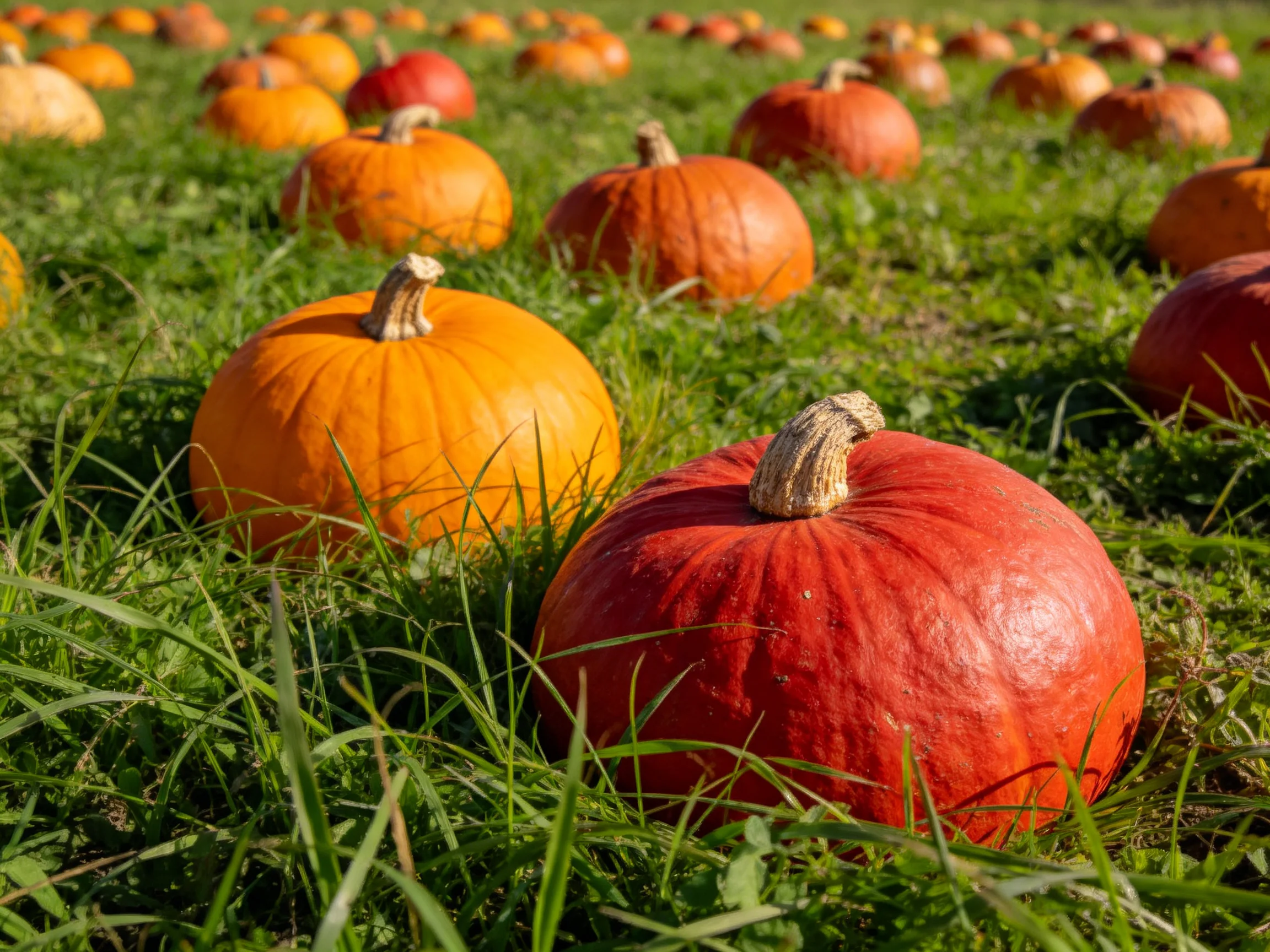Numerous orange and red pumpkins scattered across green grassy terrain