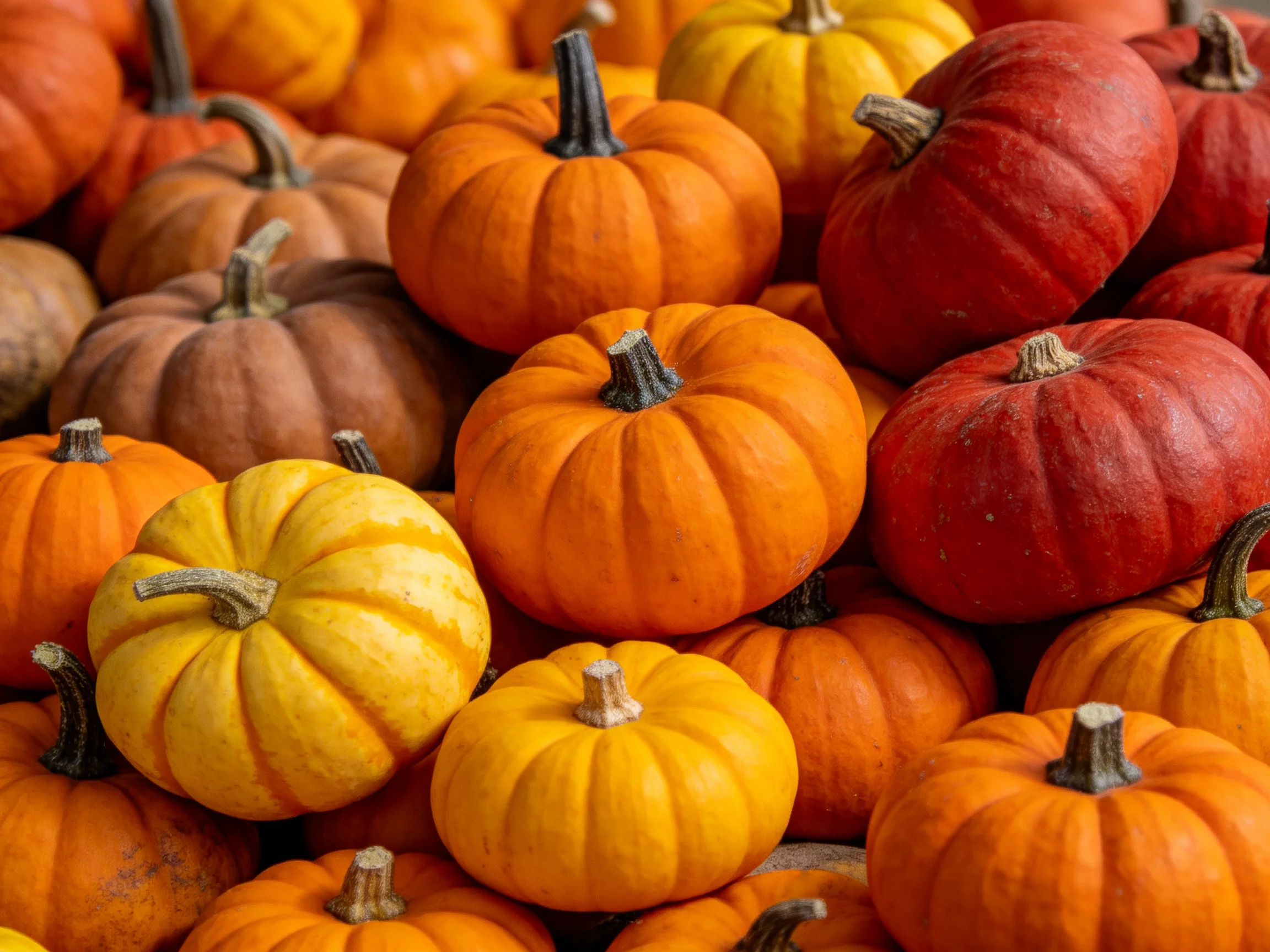 Numerous small multicolored pumpkins clustered together