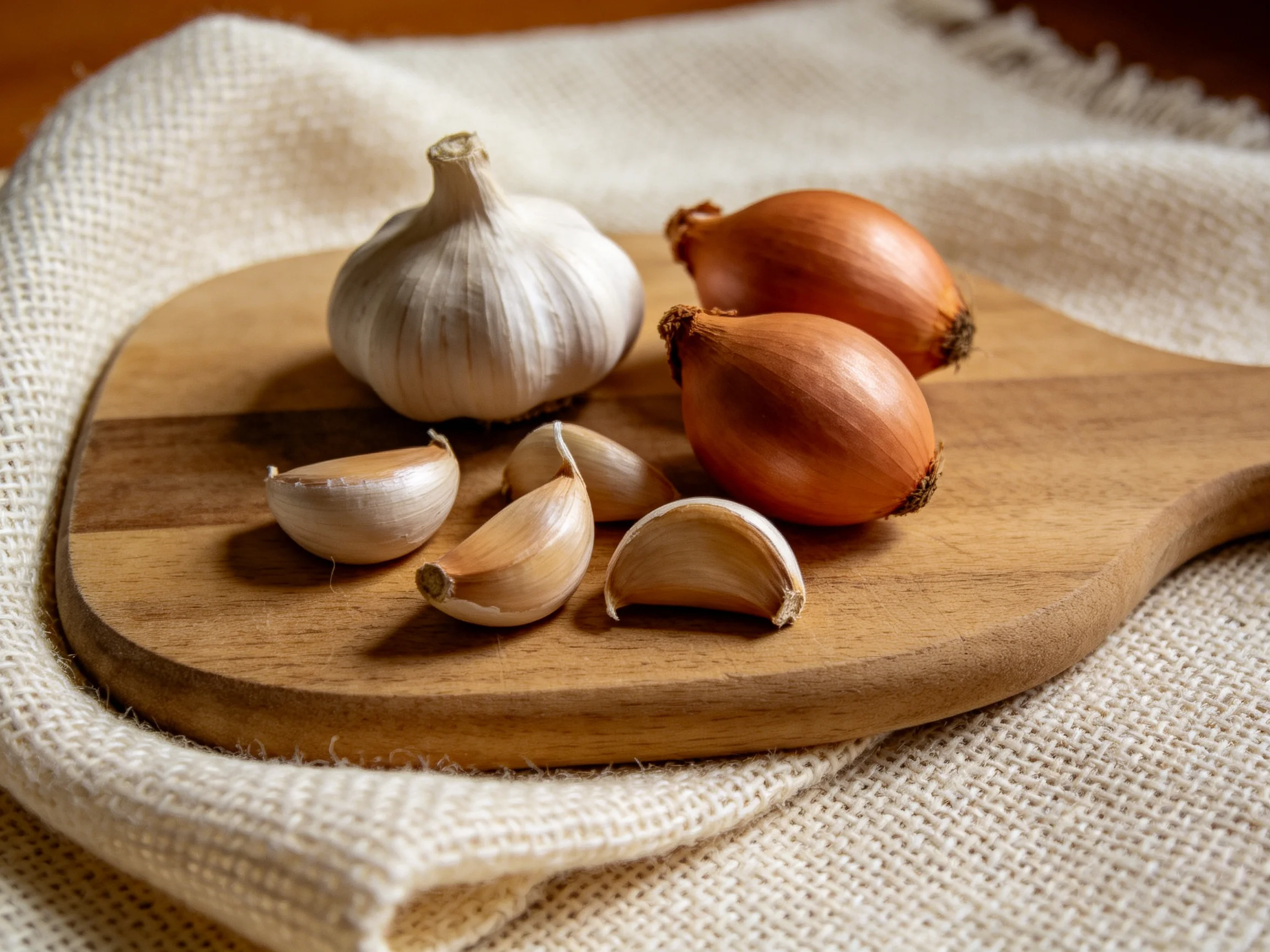 One garlic bulb, two shallots, and garlic cloves on a wooden cutting board
