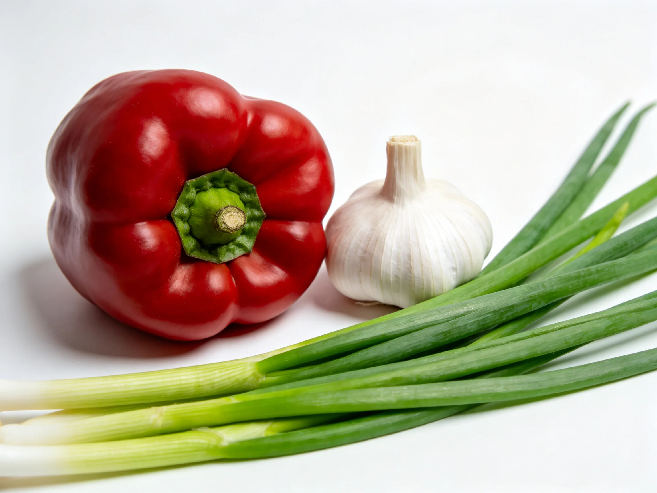 One red bell pepper, one garlic bulb, and several green onion stalks displayed on a white backdrop