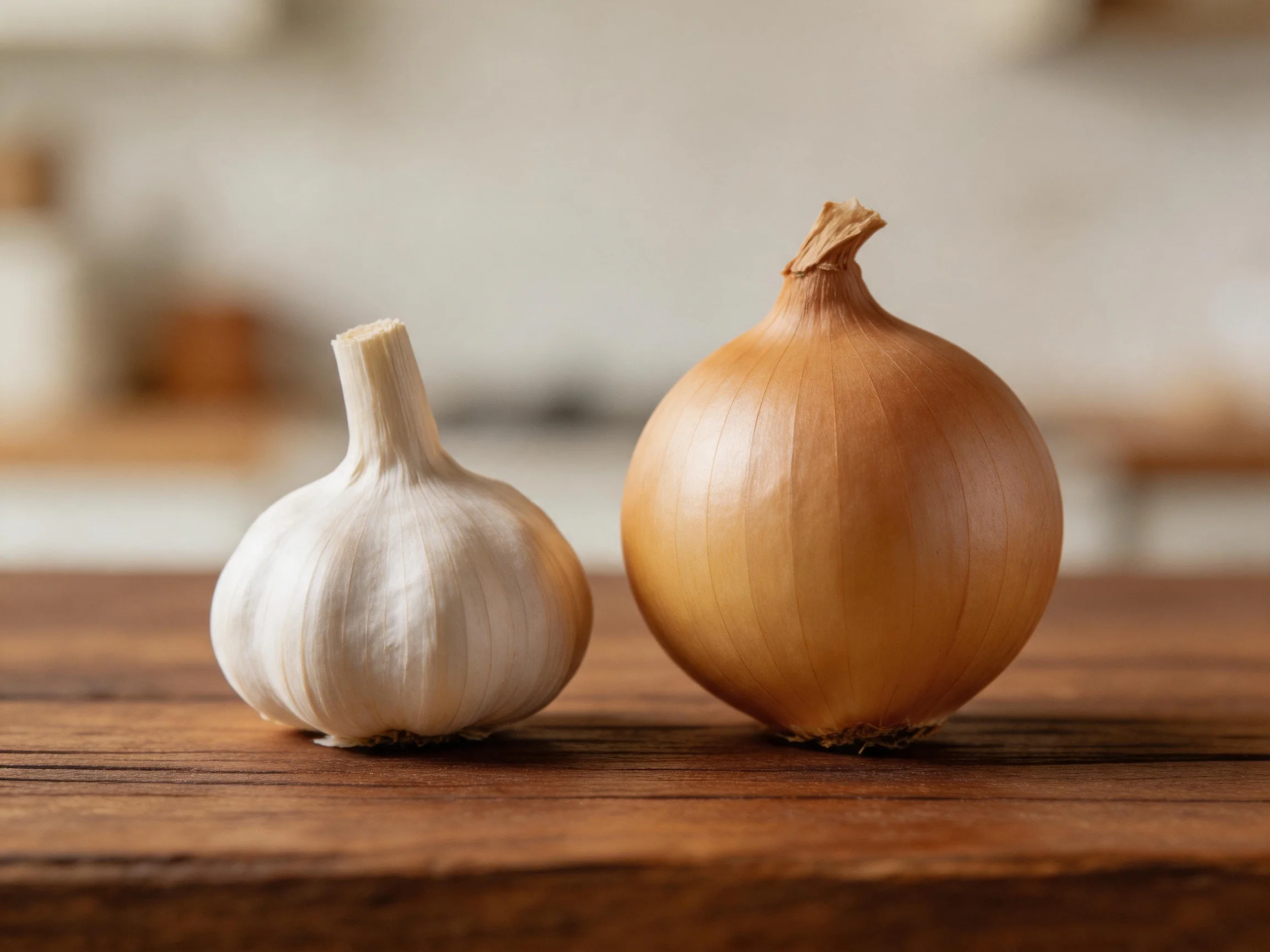 One white garlic bulb and one brown onion sit on a wooden surface