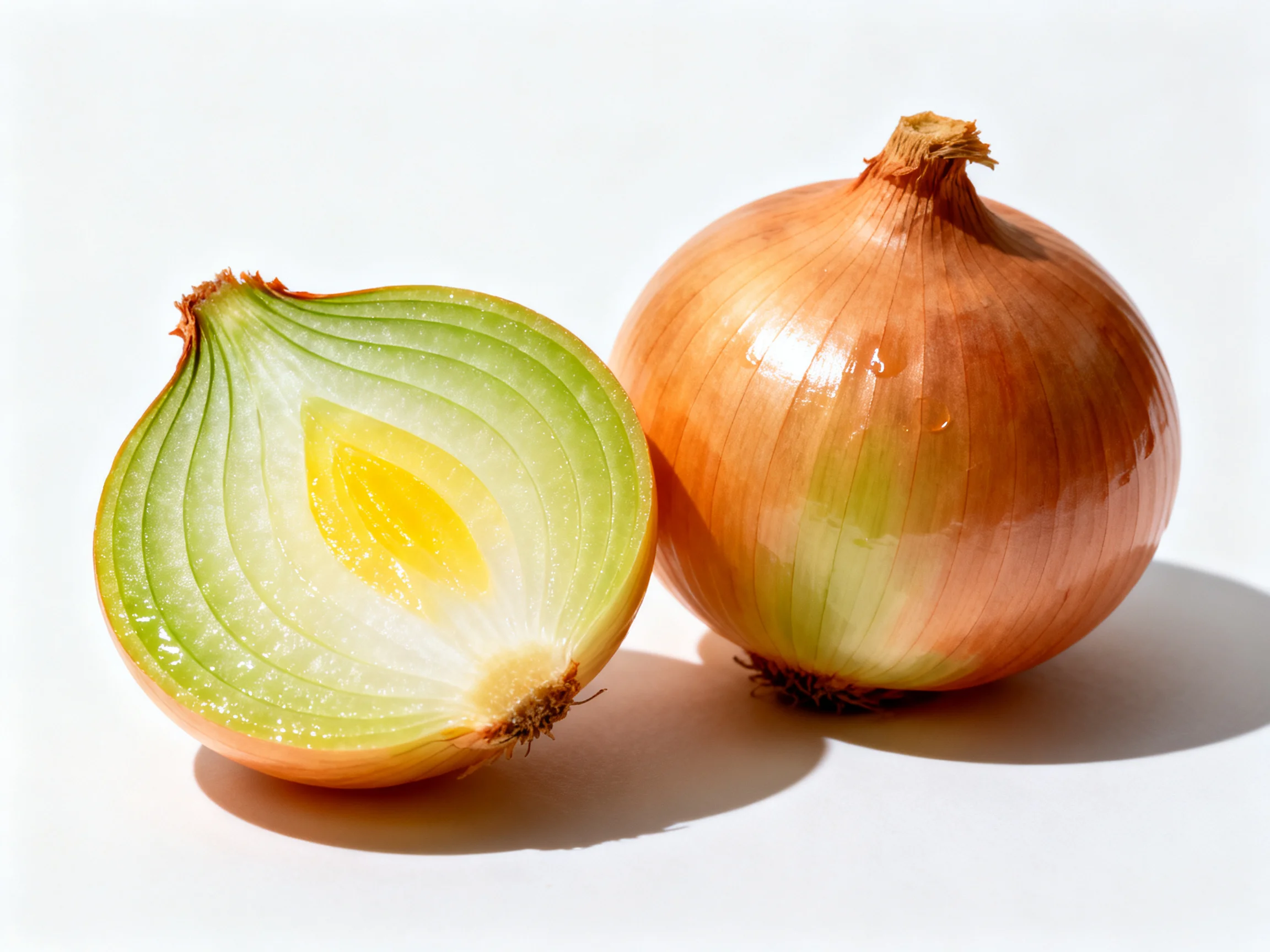 One whole onion and one halved onion with golden-brown and green-yellow layers
