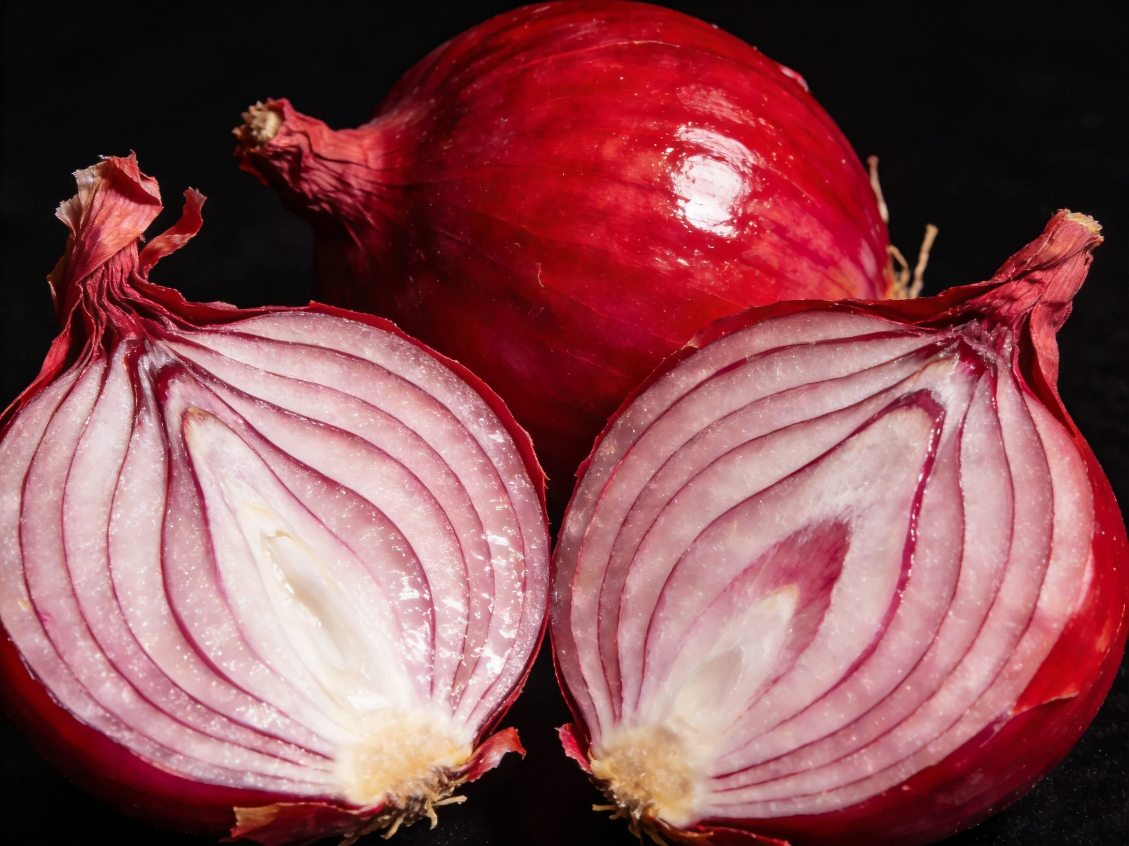 One whole red onion and two halved red onions with layered interiors