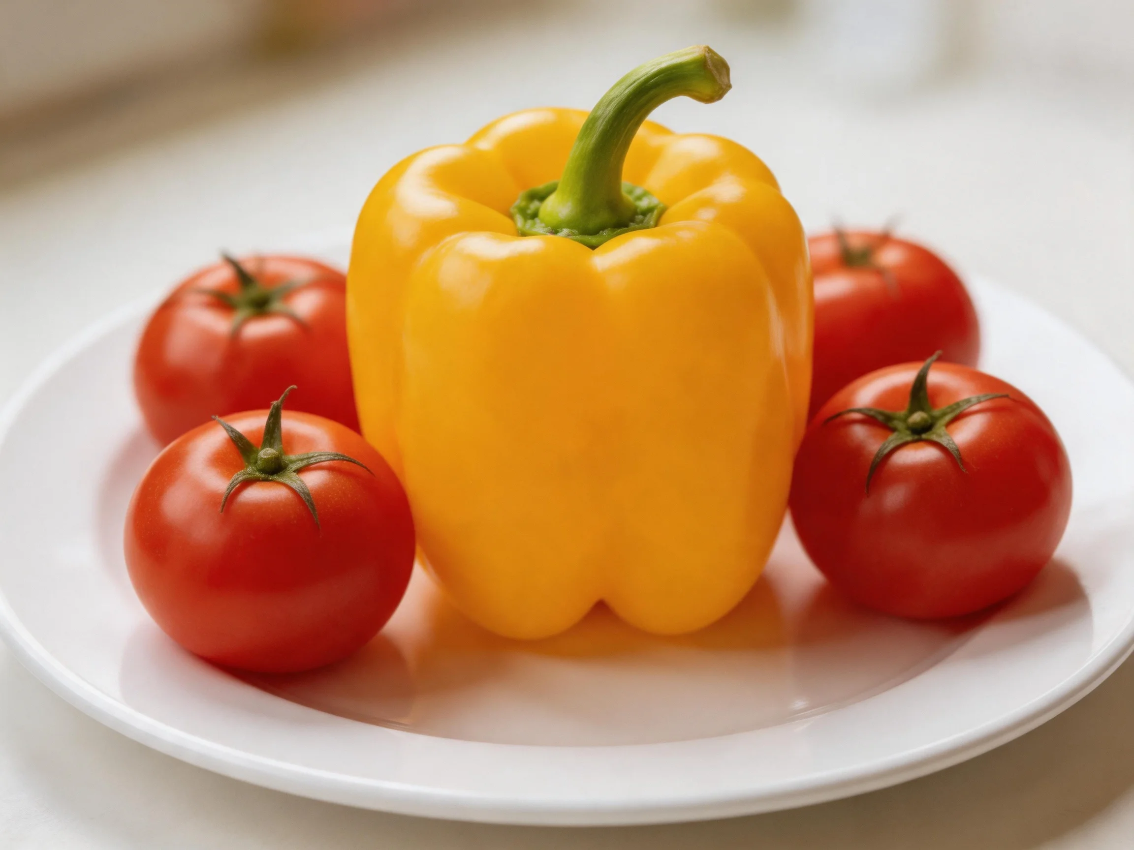 One yellow bell pepper surrounded by four red tomatoes on a white plate
