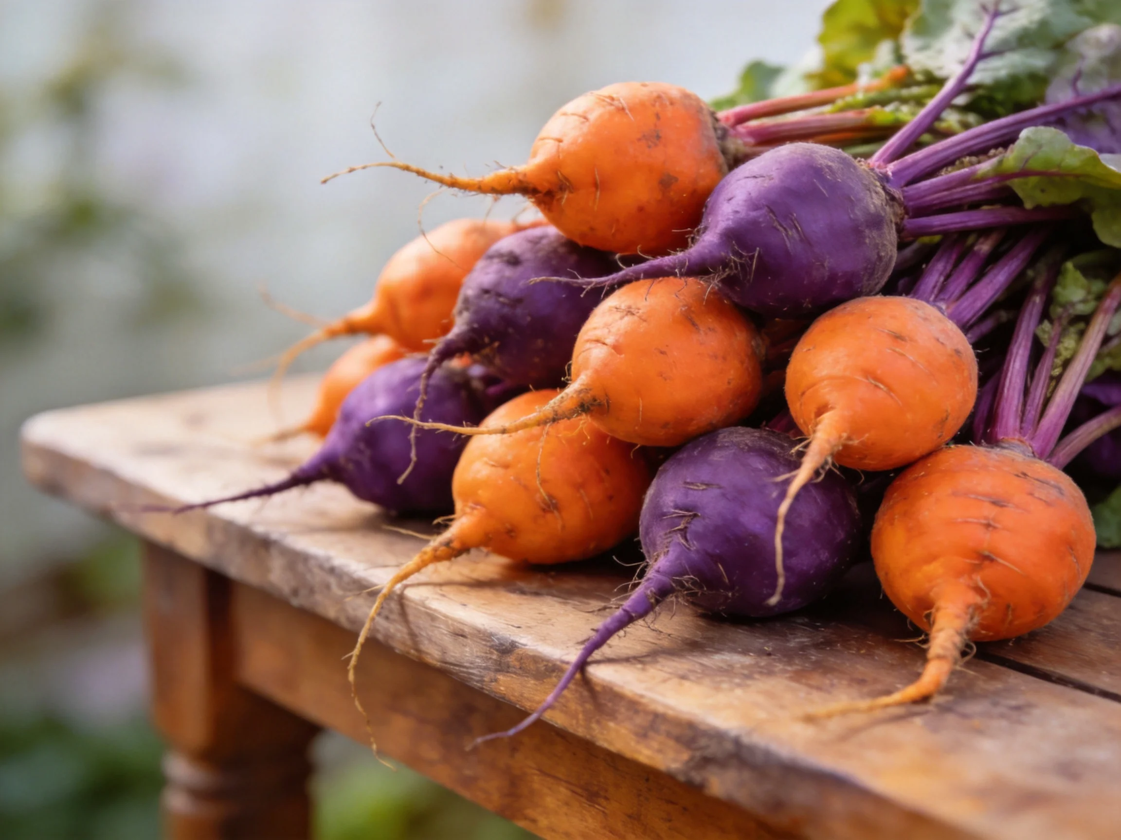 Orange and purple root vegetables arranged on an aged wooden table outdoors