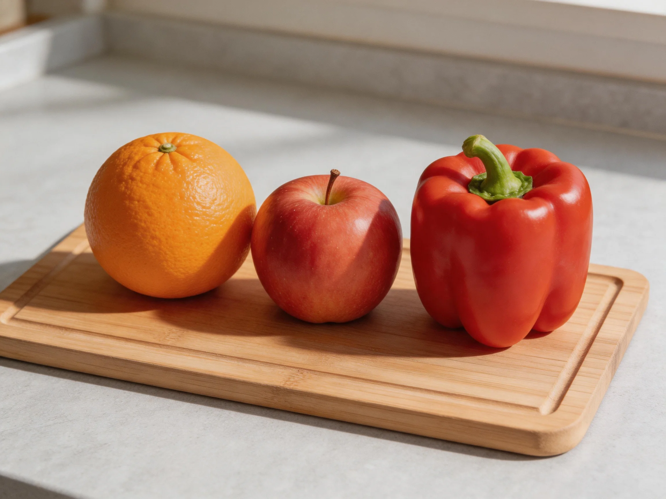 Orange, apple, and red pepper arranged on a bamboo cutting board