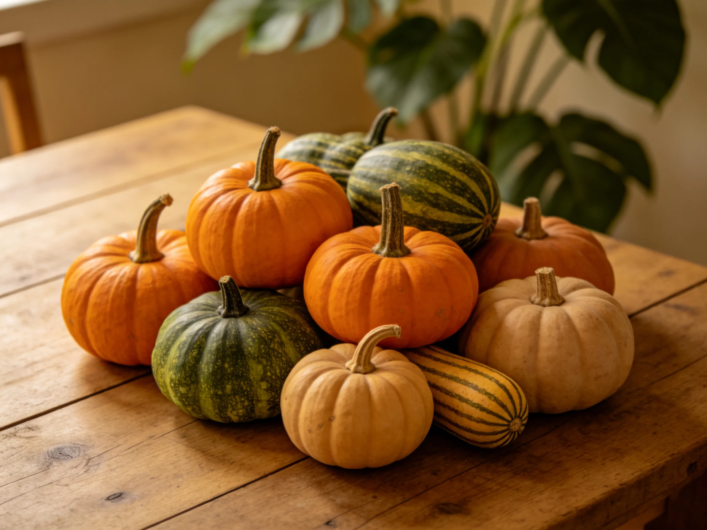 Orange, green, and beige gourds arranged on a wooden table