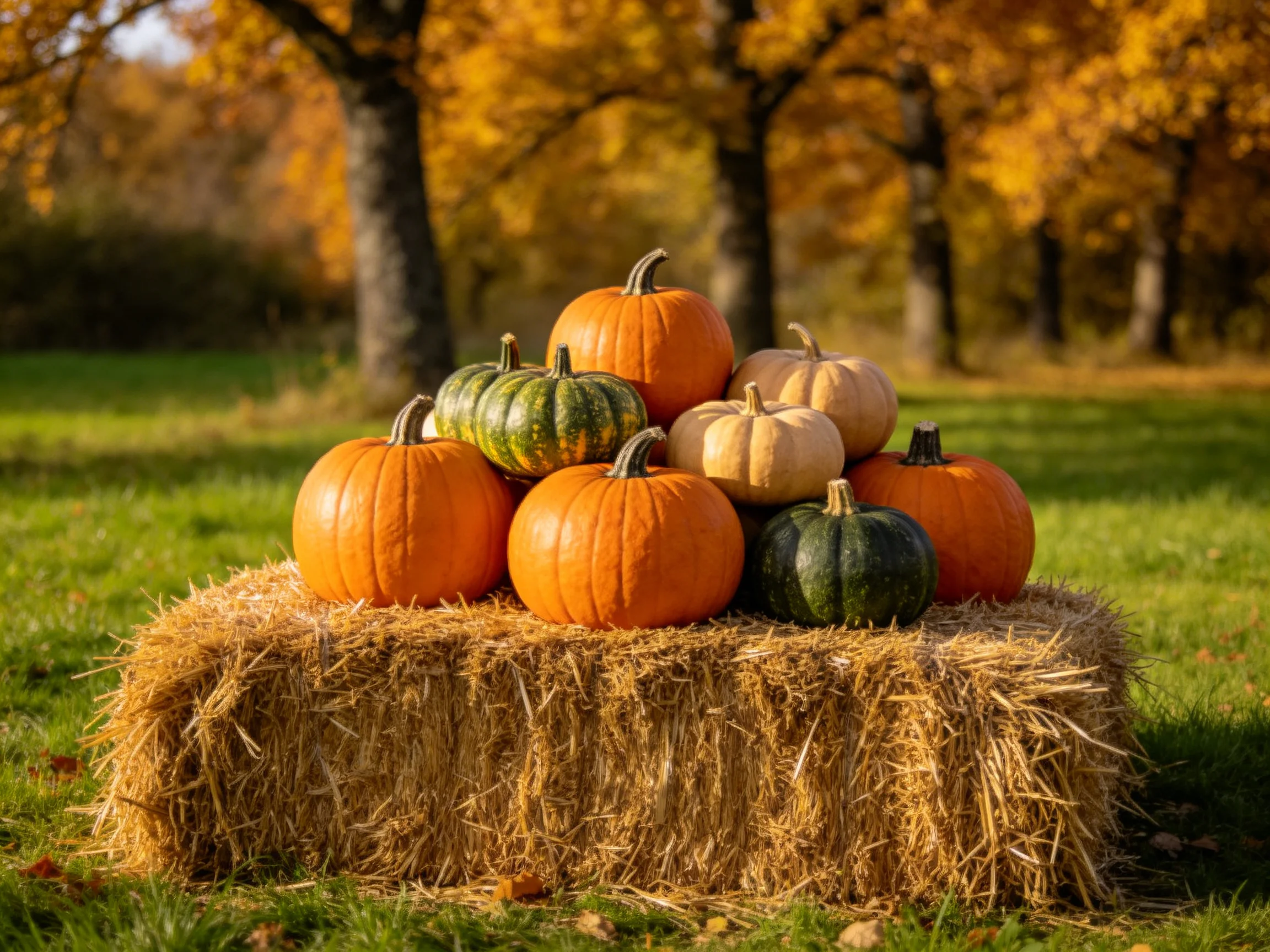 Orange, green, and beige pumpkins stacked on a straw bale amid fall foliage