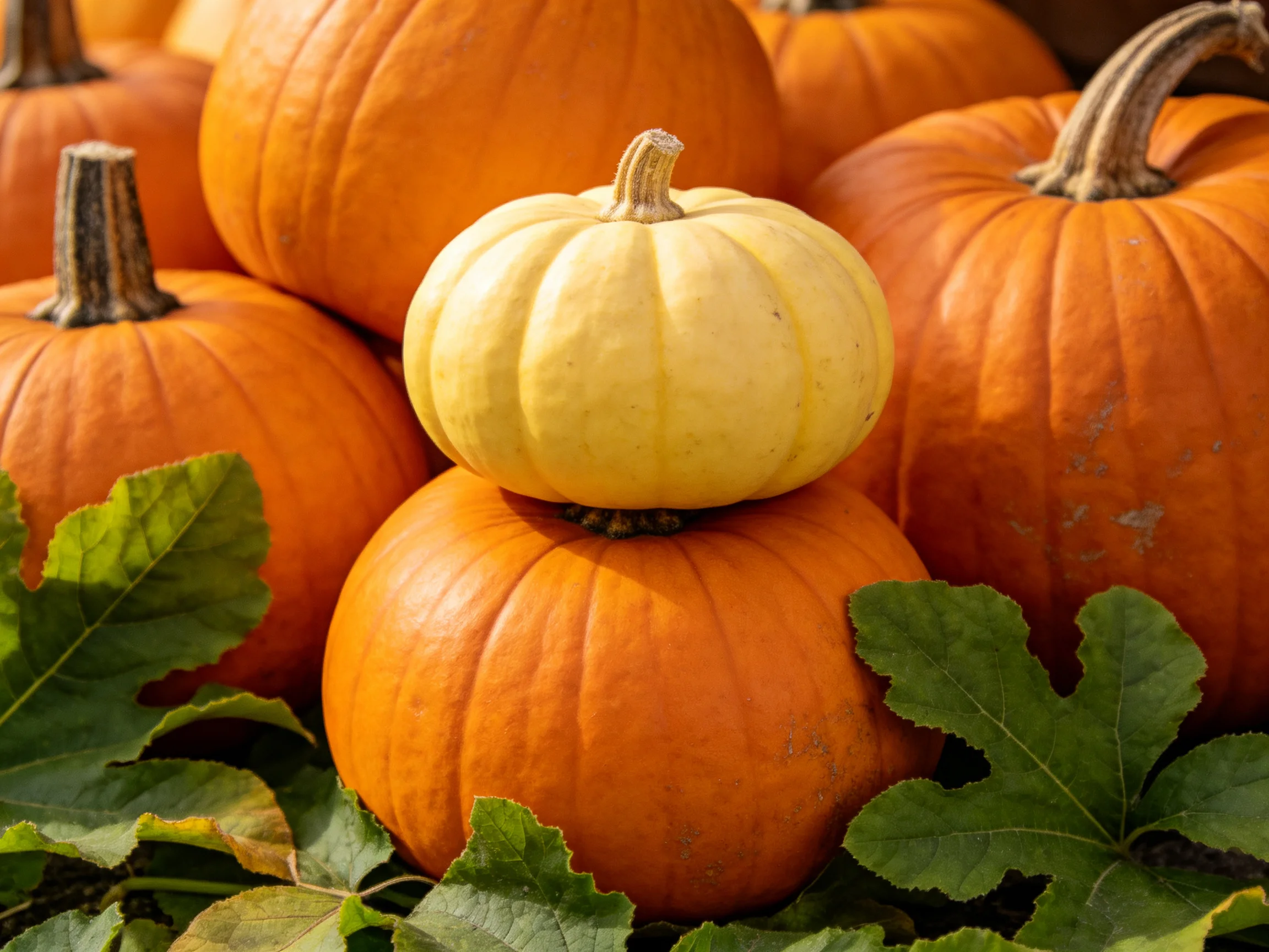 Orange pumpkins, a cream pumpkin, and green leaves clustered together