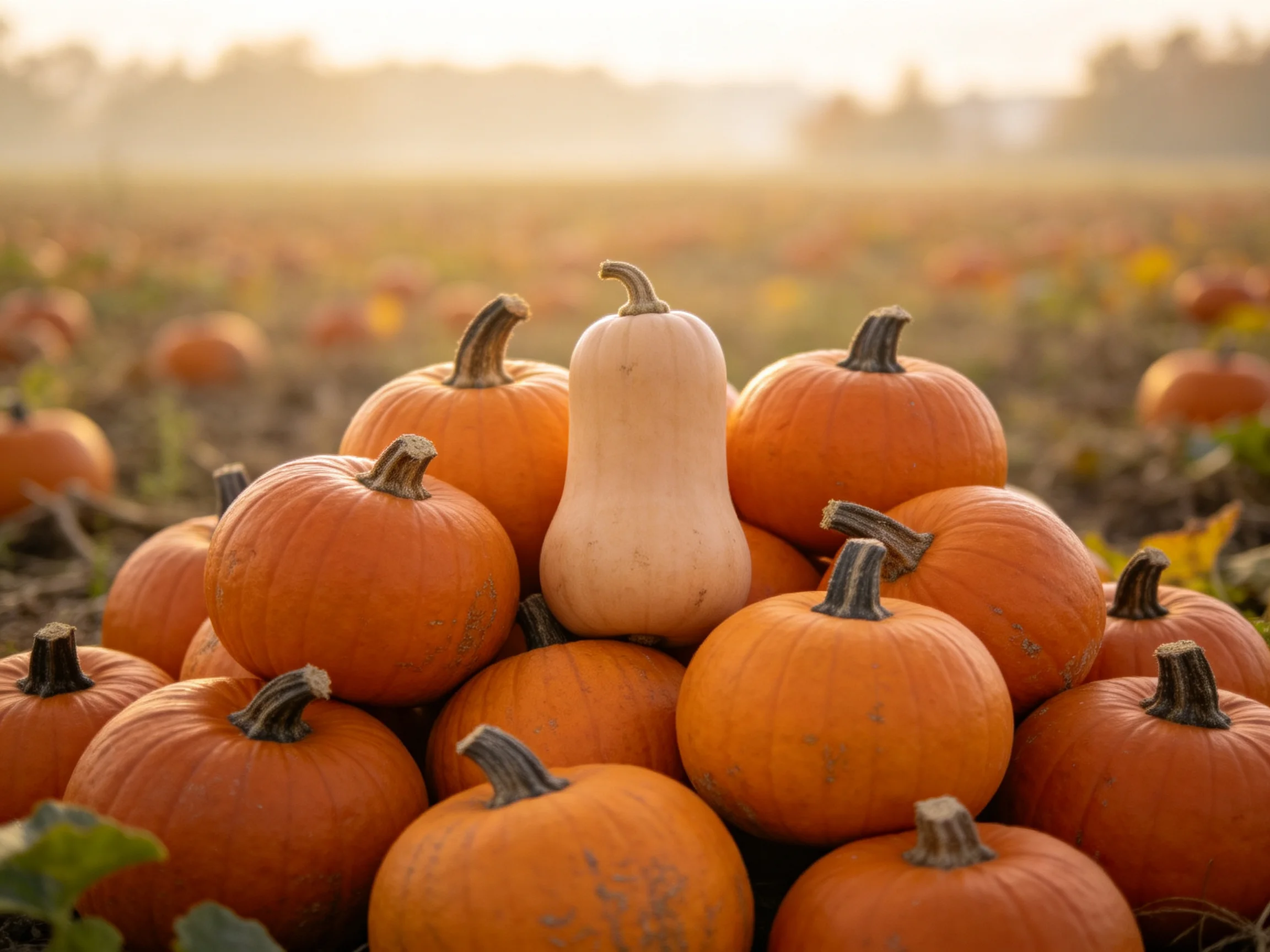 Orange pumpkins cluster around a single beige squash in a sunlit farm field.
