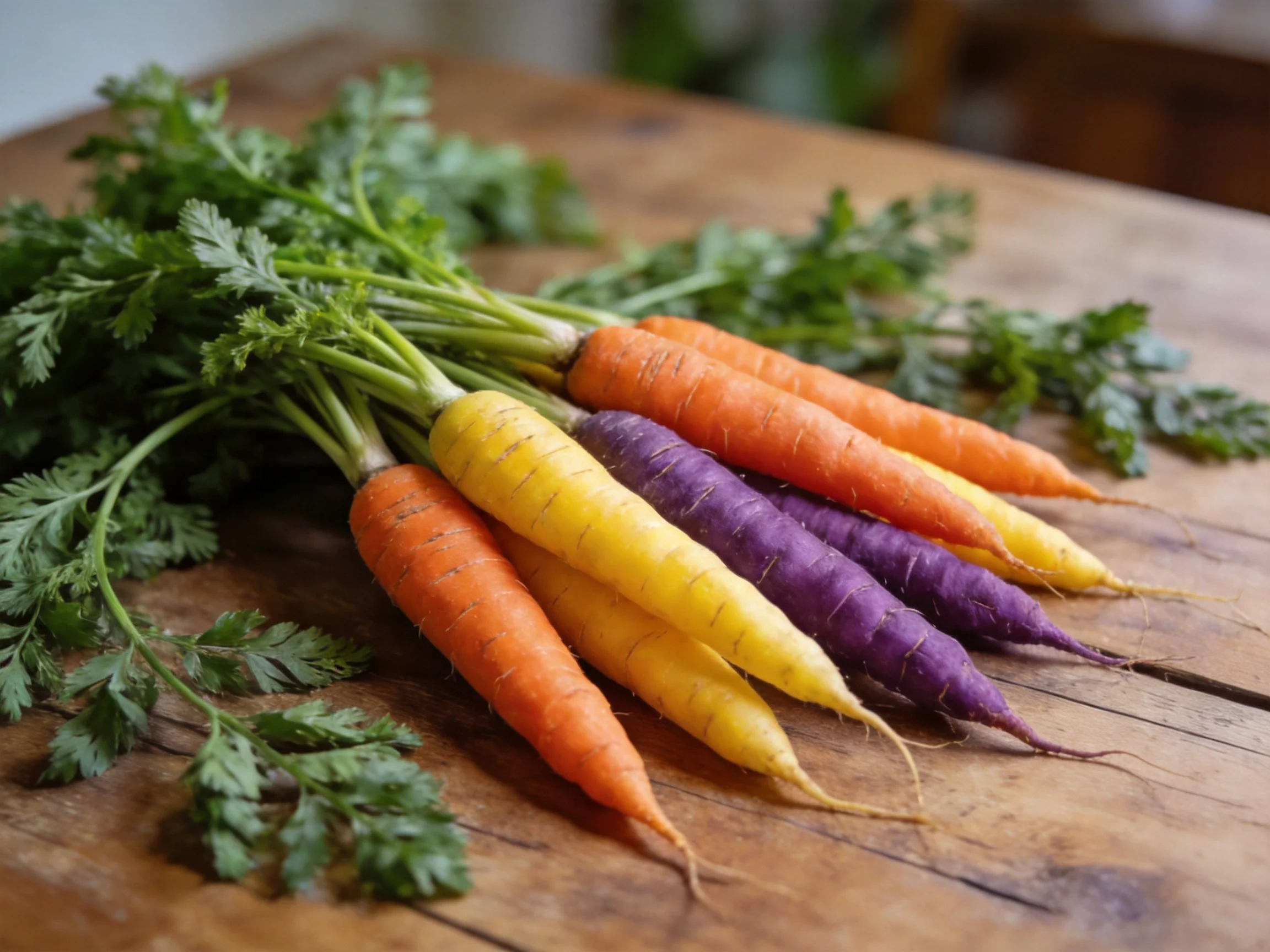 Orange, yellow, and purple carrots with green tops arranged on a wooden surface