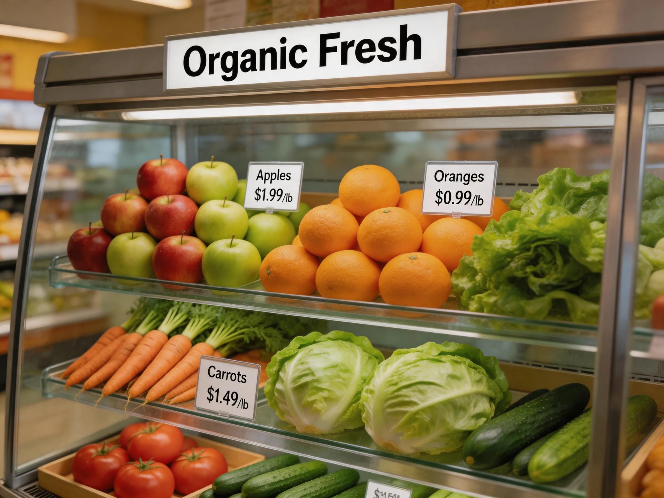 Organic Fresh produce display featuring apples, oranges, carrots, and leafy greens