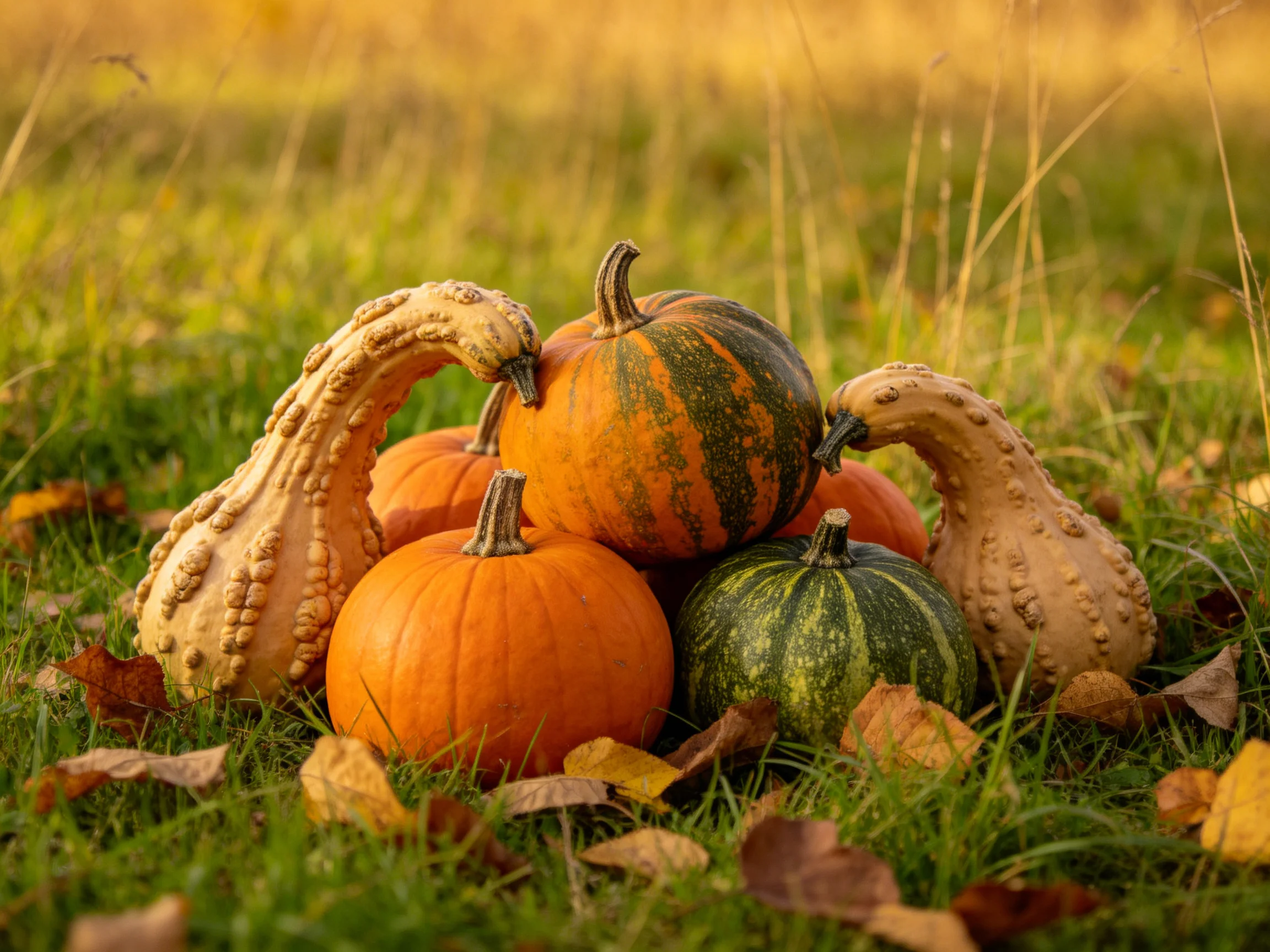 Ornamental gourds and striped pumpkins grouped on autumn grass with fallen leaves