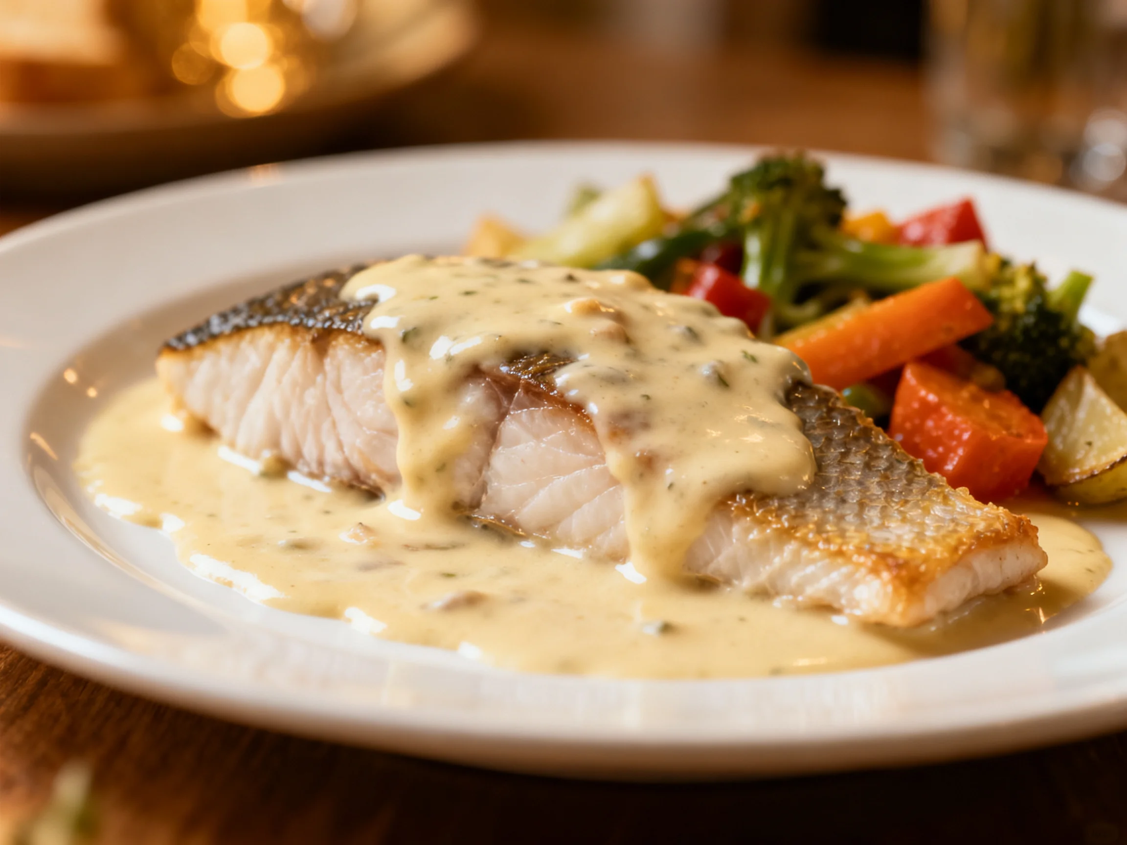 Pan-seared fish fillet with creamy herb sauce and roasted vegetables